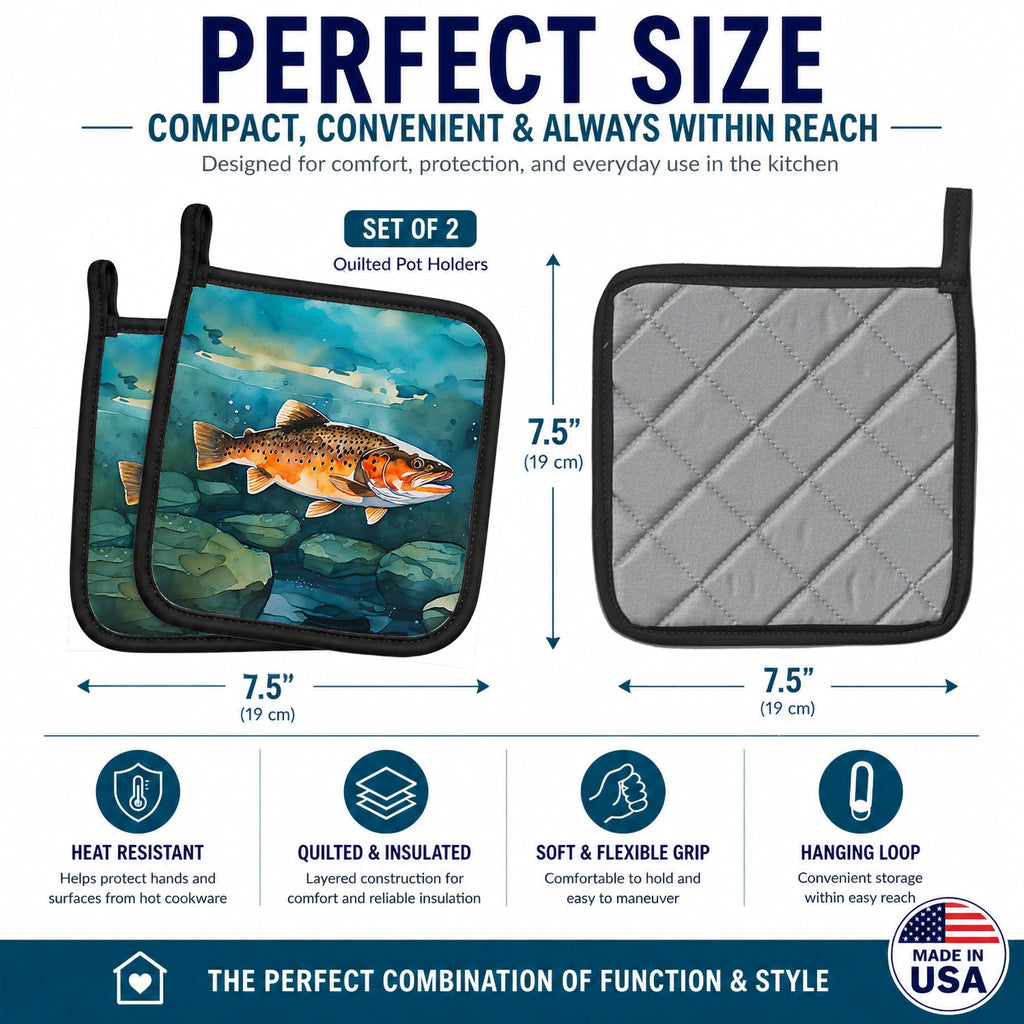 Brown Trout Pot Holder Set of 2 Heat Resistant Quilted Hot Pads 7.5 x 7.5 Inch, Insulated Kitchen Trivets for Cooking & Baking