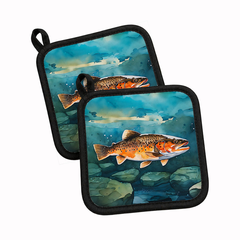 Brown Trout Pot Holder Set of 2 Heat Resistant Quilted Hot Pads 7.5 x 7.5 Inch, Insulated Kitchen Trivets for Cooking & Baking