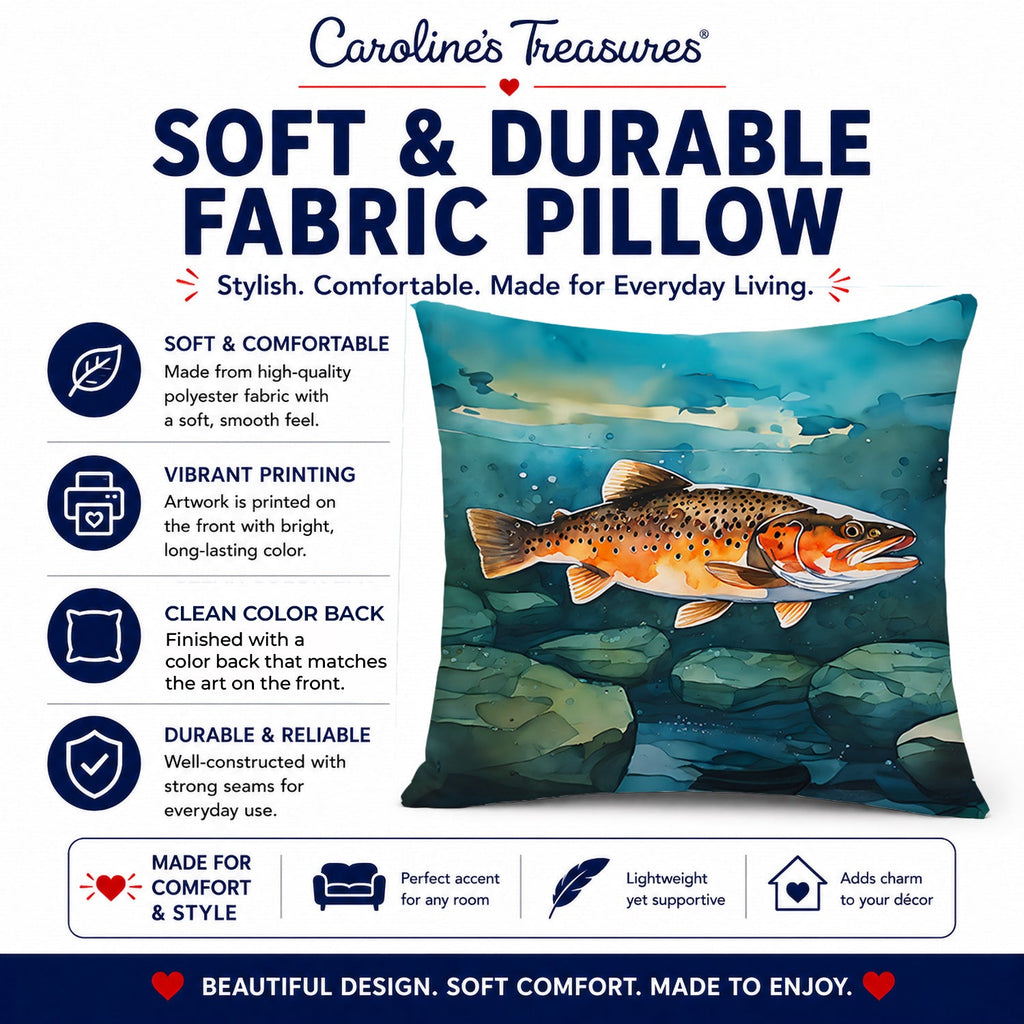 Brown Trout Decorative Throw Pillow 14x14 Indoor Outdoor Accent Cushion, Fabric Cover with Insert for Sofa, Bed, Porch & Living Room