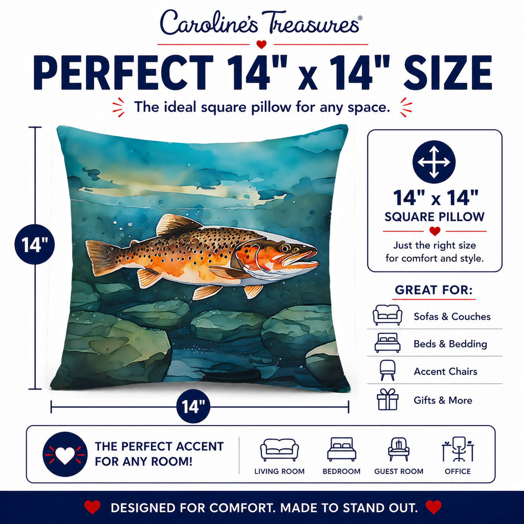 Brown Trout Decorative Throw Pillow 14x14 Indoor Outdoor Accent Cushion, Fabric Cover with Insert for Sofa, Bed, Porch & Living Room