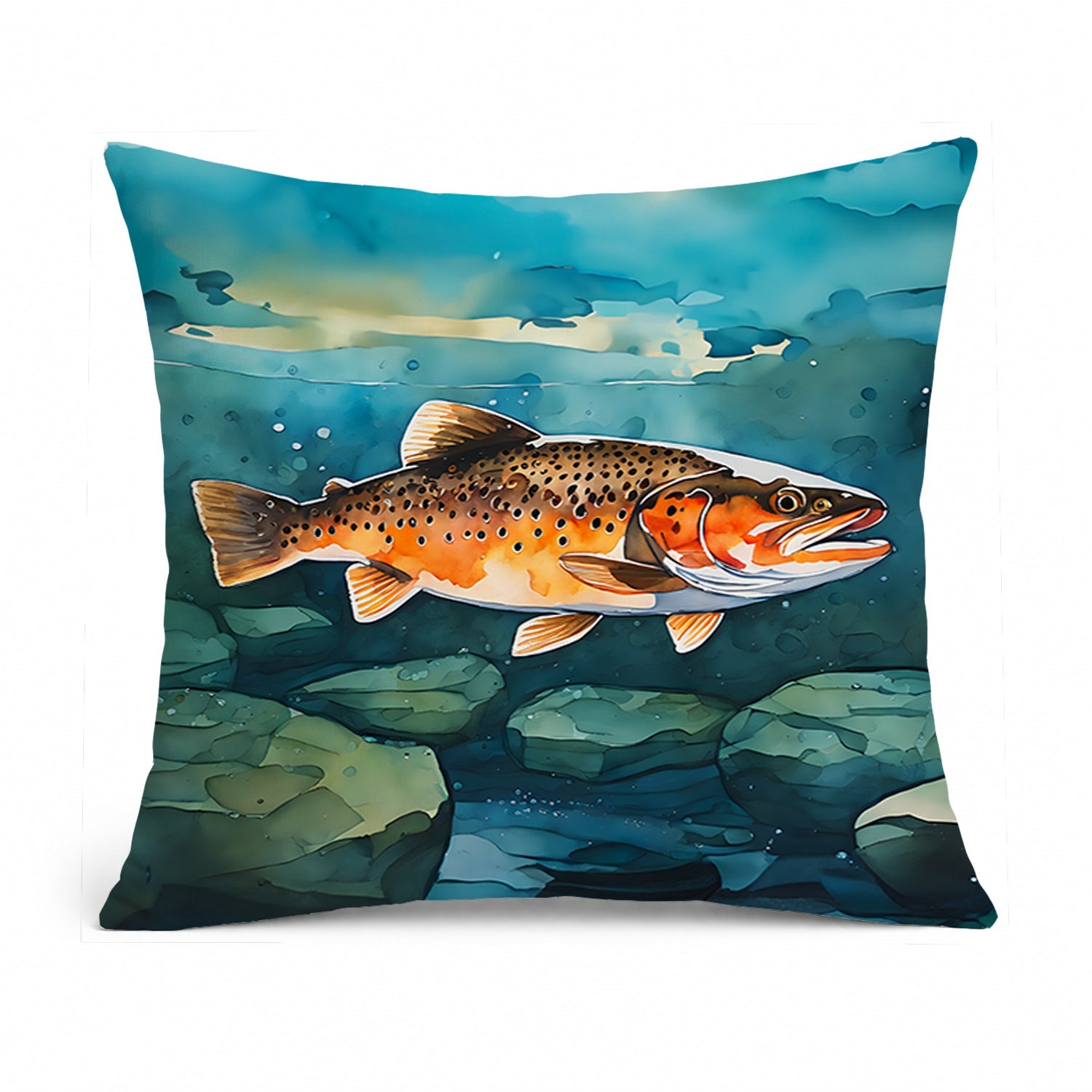 Brown Trout Decorative Throw Pillow 14x14 Indoor Outdoor Accent Cushion, Fabric Cover with Insert for Sofa, Bed, Porch & Living Room