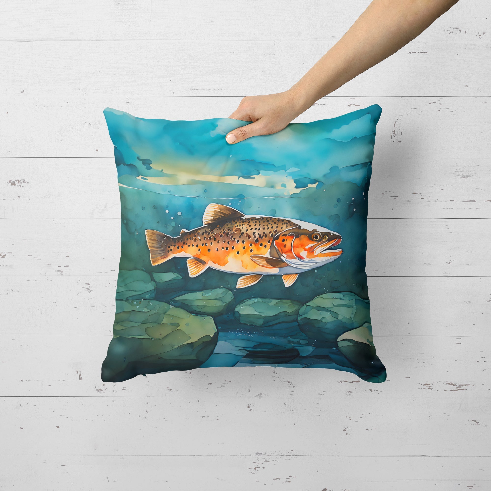 Brown Trout Decorative Throw Pillow 18x18 Indoor Outdoor Accent Cushion, Fabric Cover with Insert for Sofa, Bed, Porch & Living Room