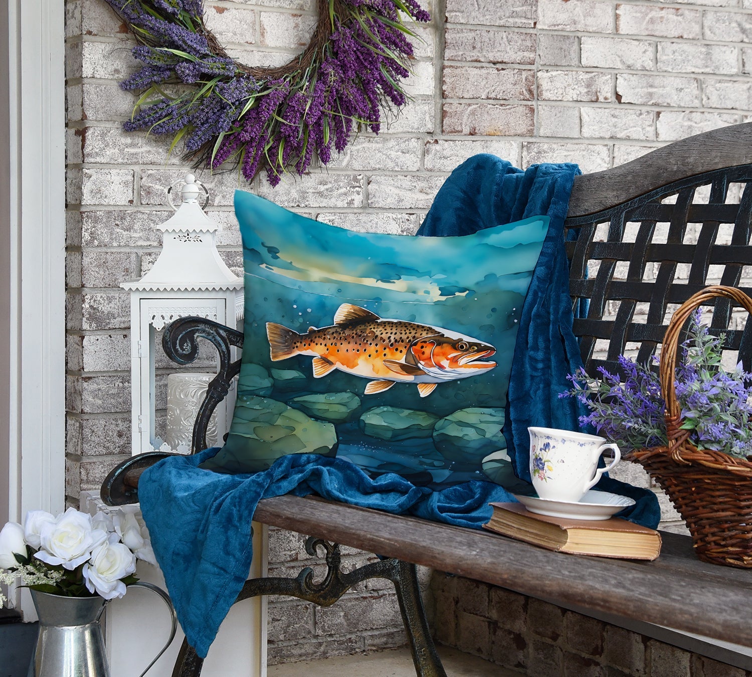 Brown Trout Decorative Throw Pillow 18x18 Indoor Outdoor Accent Cushion, Fabric Cover with Insert for Sofa, Bed, Porch & Living Room