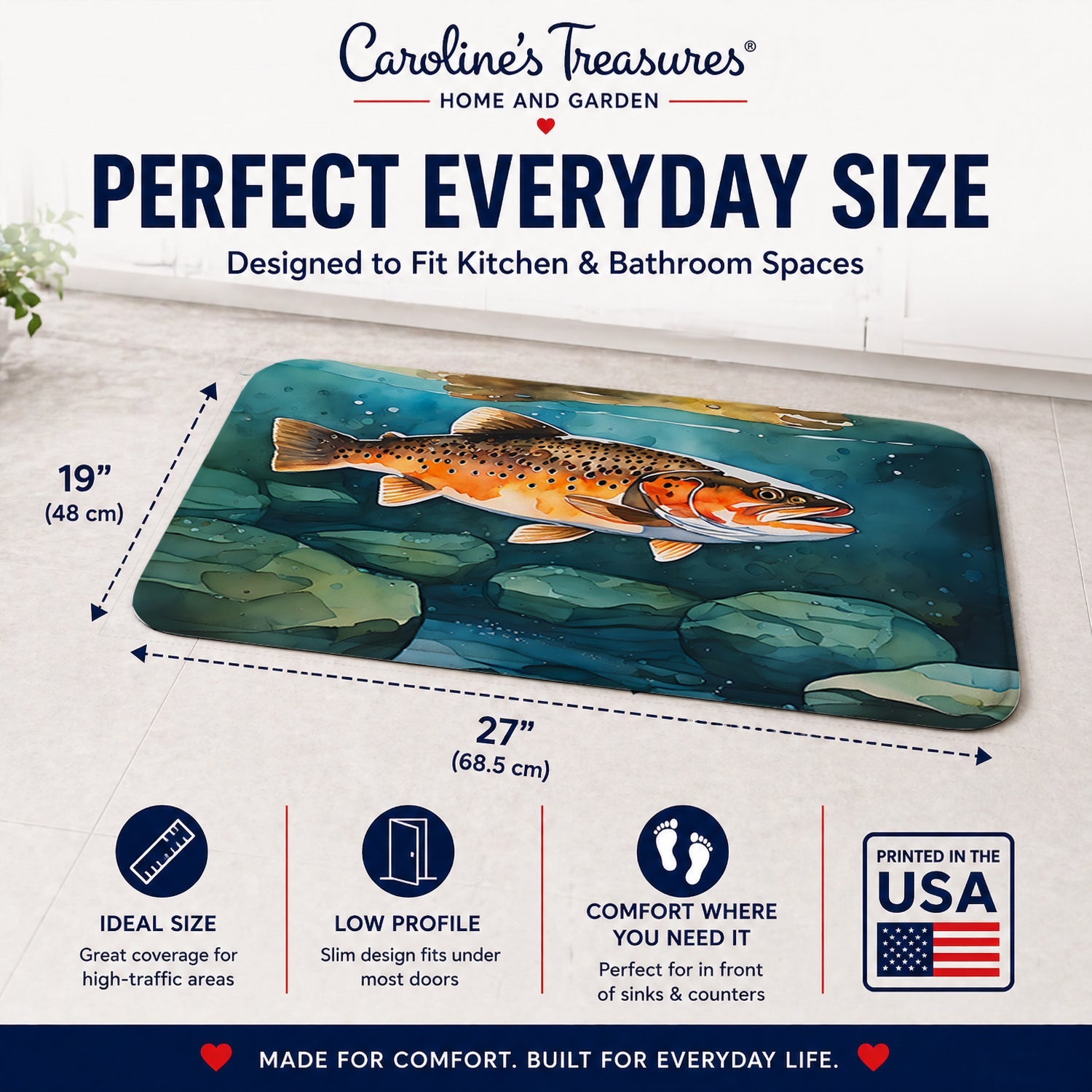 Brown Trout Memory Foam Kitchen Mat Machine Washable Anti-Fatigue Cushion Comfort Bath or Kitchen Rug