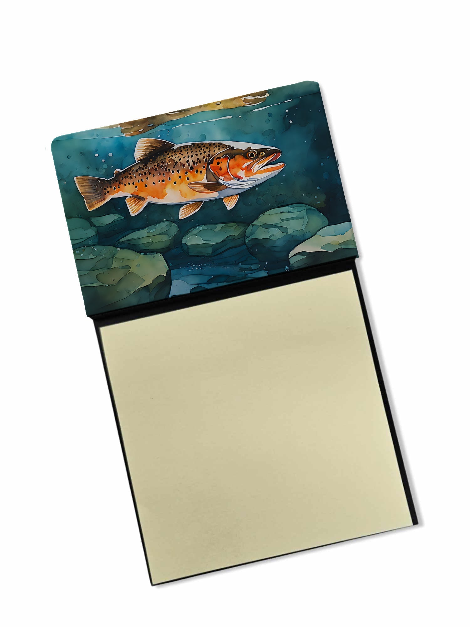 Brown Trout Watercolor Sticky Note Holder Refillable Dispenser Desk Accessory 3x3 Pad Gift