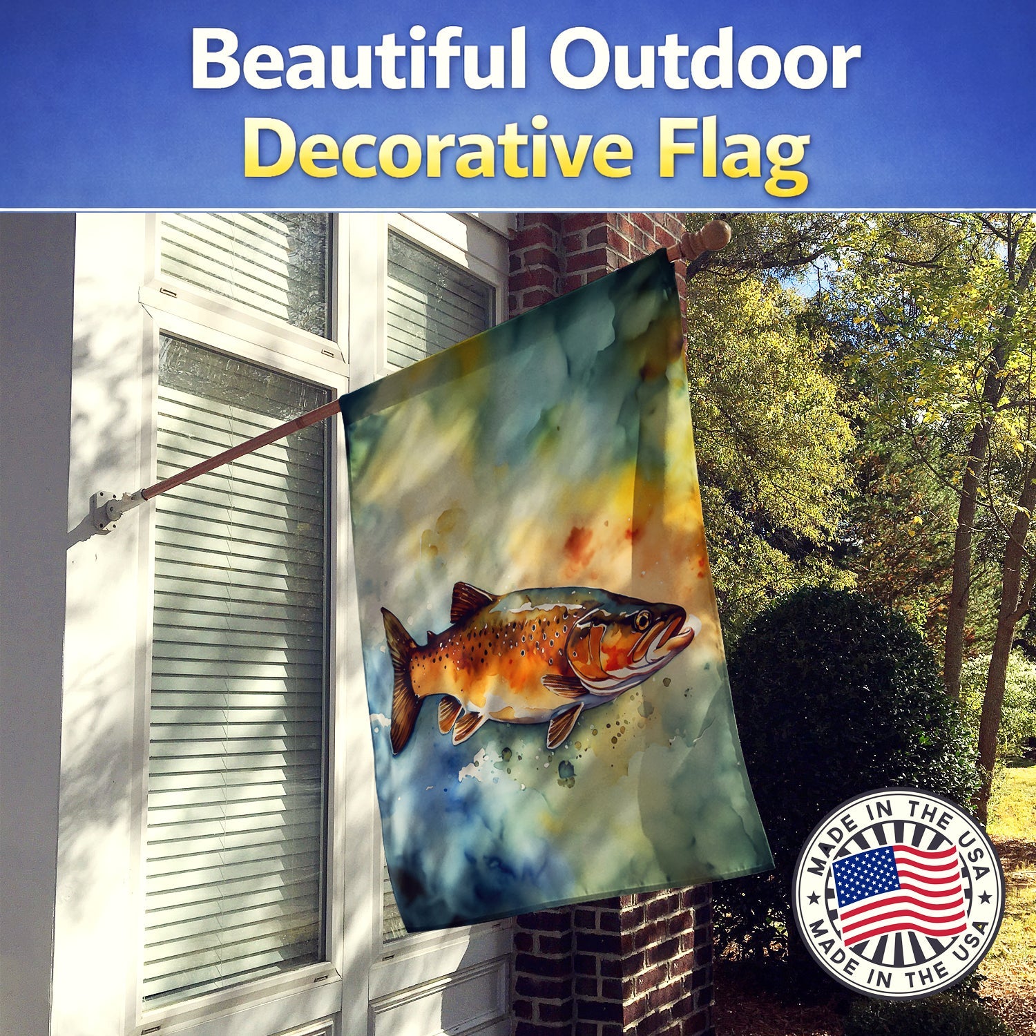 Brown Trout House Flag 28x40 Porch Sleeve Pole Decorative Outside Yard Banner Artwork Wall Hanging, Polyester