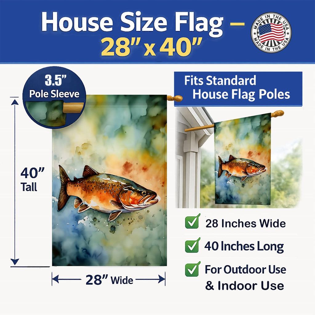 Brown Trout House Flag 28x40 Porch Sleeve Pole Decorative Outside Yard Banner Artwork Wall Hanging, Polyester