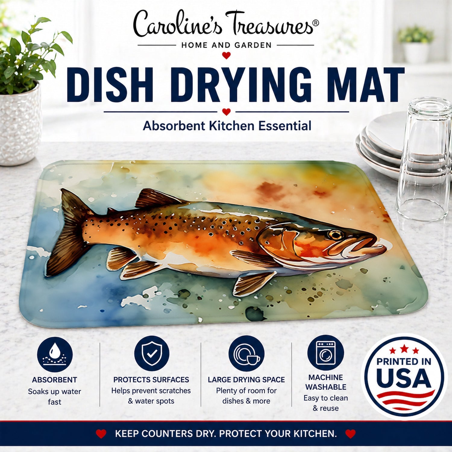 Brown Trout Dish Drying Mat Absorbent Dish Drying Mat Pad for Kitchen Counter Dish Drainer Mat for Countertop, 14 x 21", Multicolor