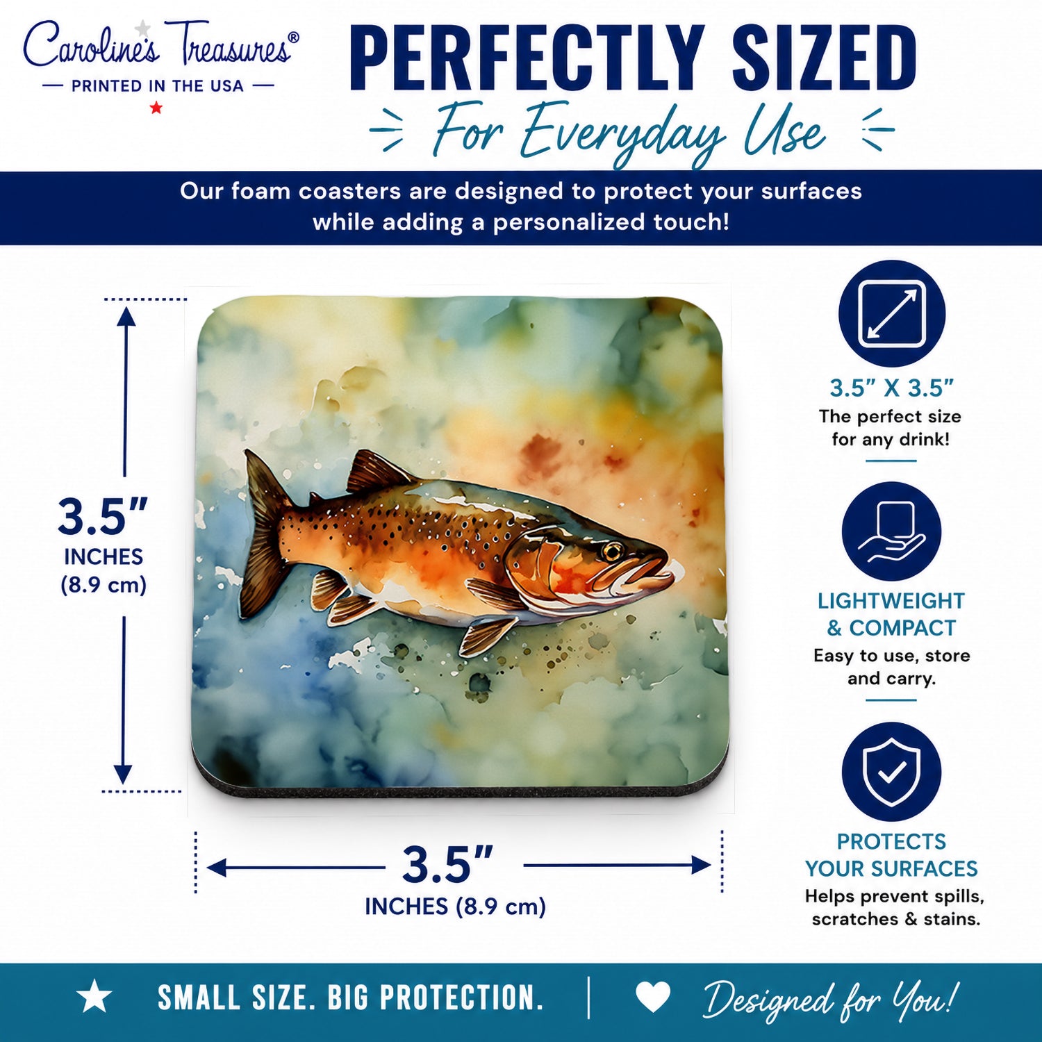 Brown Trout Foam Coasters Set of 4 Cup Coasters for Indoor Outdoor, Tabletop Protection, Anti Slip, Mouse pad Material