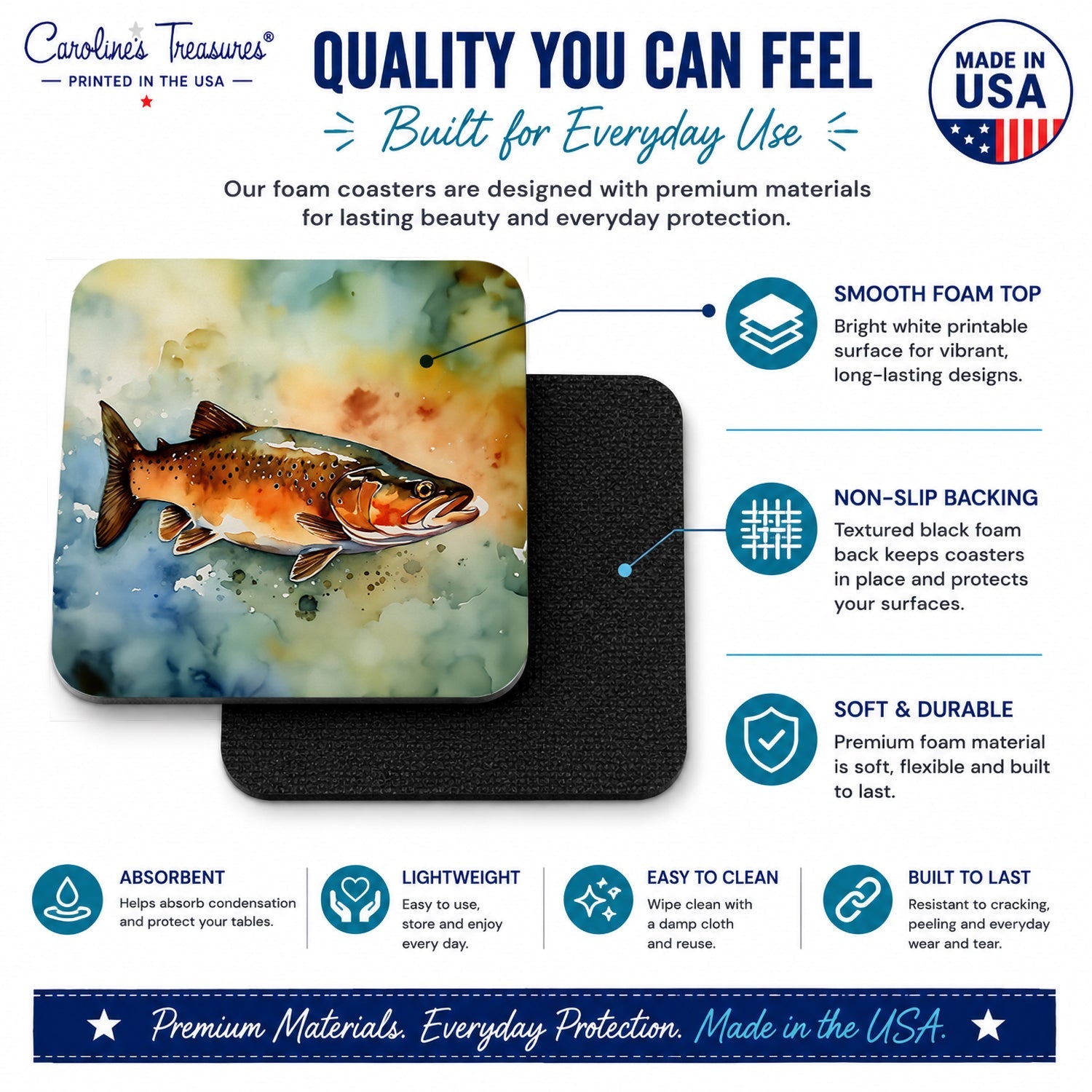 Brown Trout Foam Coasters Set of 4 Cup Coasters for Indoor Outdoor, Tabletop Protection, Anti Slip, Mouse pad Material