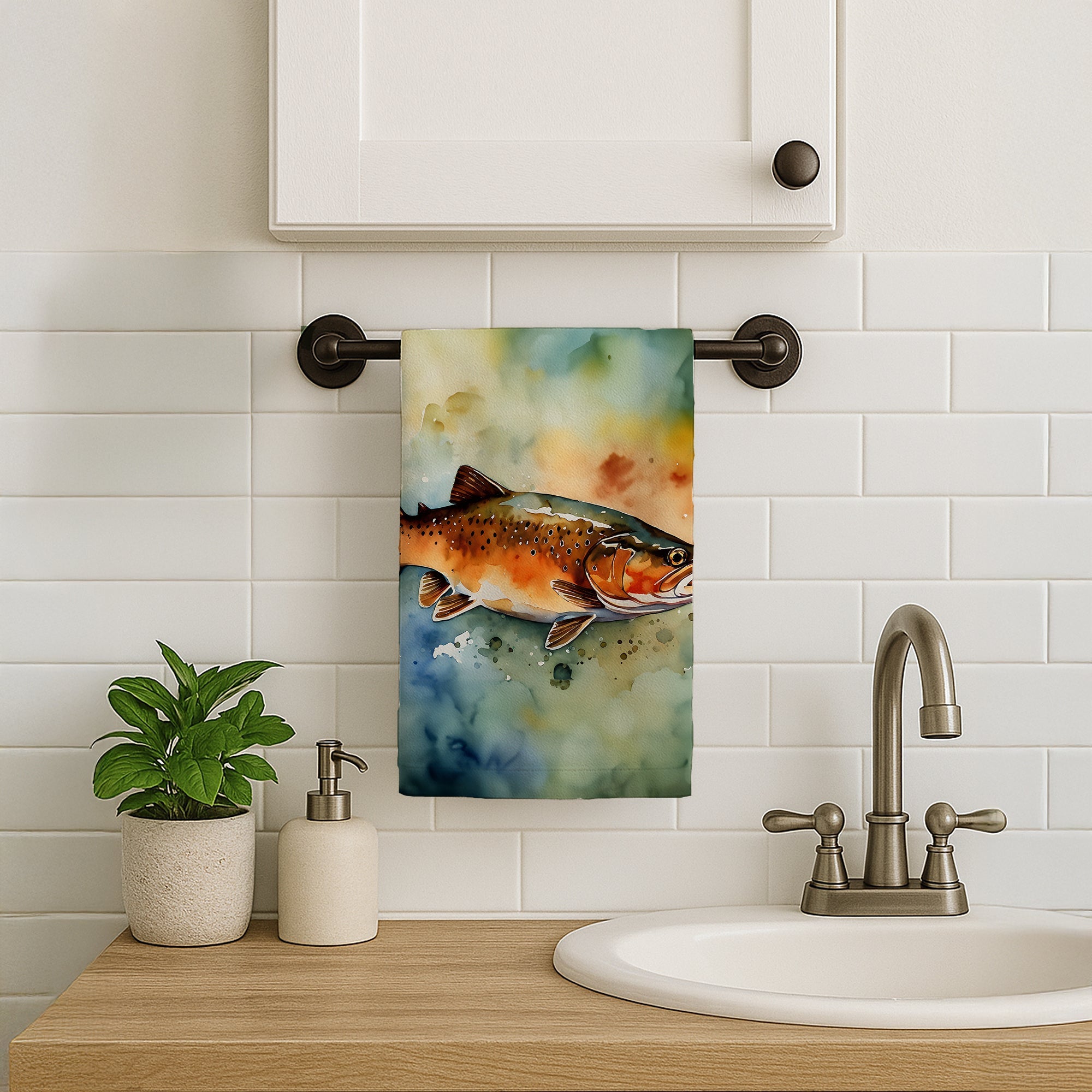 Brown Trout Kitchen Towel Velour Plush Front and Cotton Loop Back Machine Washable