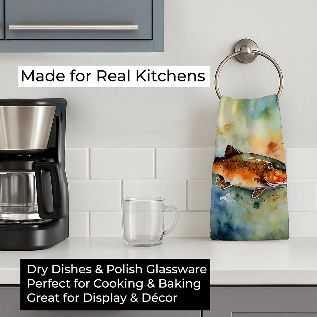 Brown Trout Kitchen Towel Velour Plush Front and Cotton Loop Back Machine Washable