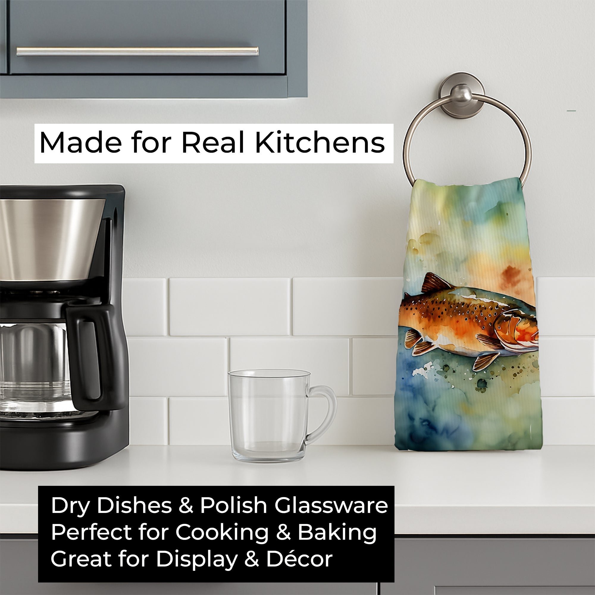 Brown Trout Kitchen Towel Velour Plush Front and Cotton Loop Back Machine Washable