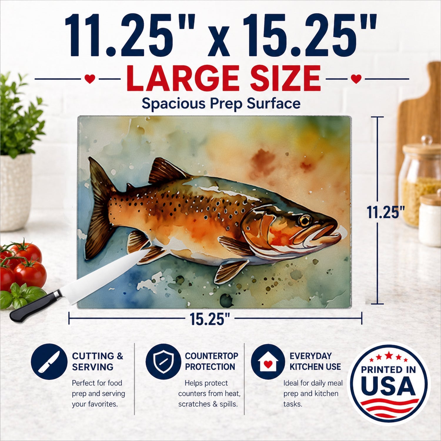 Brown Trout Cutting Board Tempered Glass Kitchen Cutting Surface, Heat Resistant Chopping, Non-Slip Feet, Food Prep & Serving