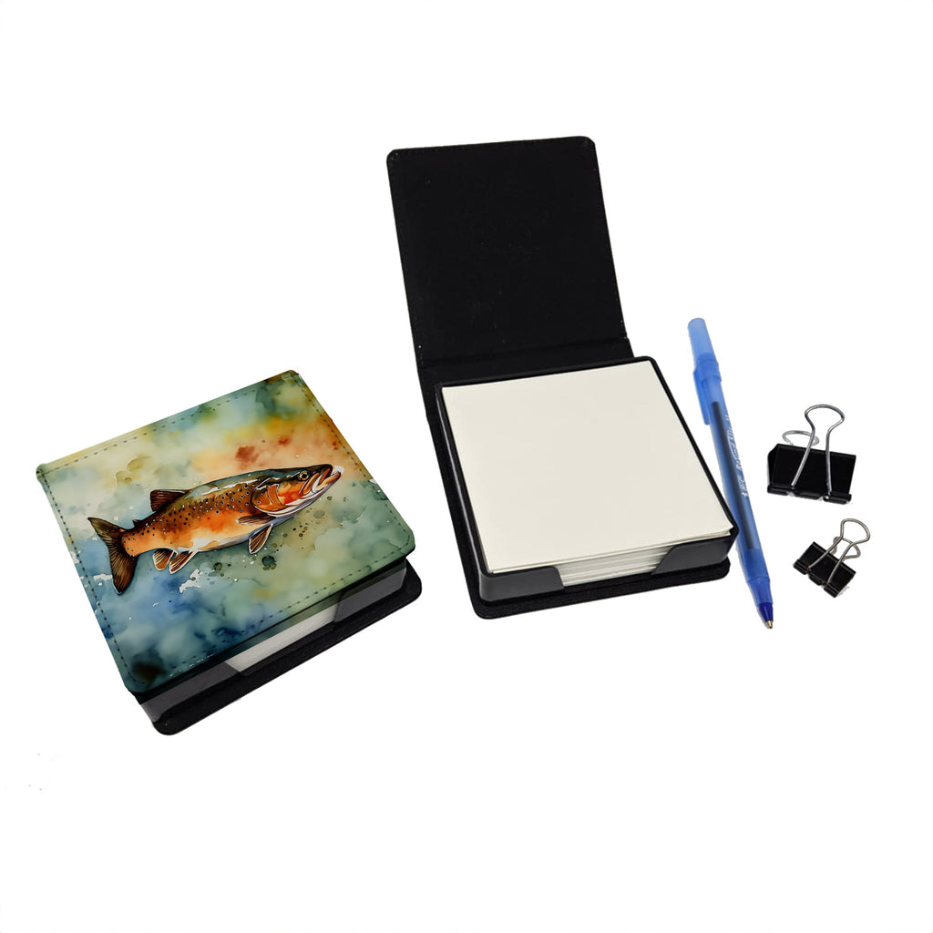 Brown Trout PU Leather Note Paper Holder with Artist-Designed Cover, Desk Accessory, Office Gift