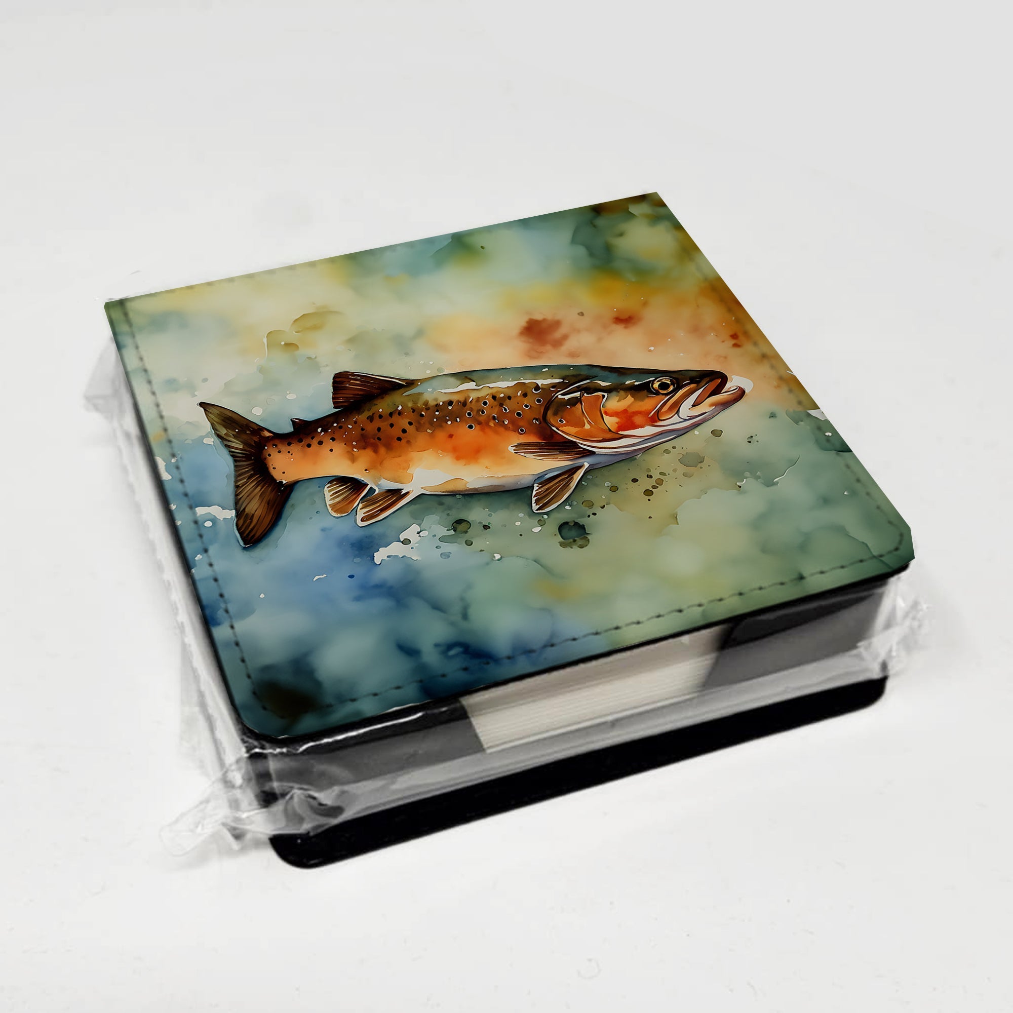 Brown Trout PU Leather Note Paper Holder with Artist-Designed Cover, Desk Accessory, Office Gift