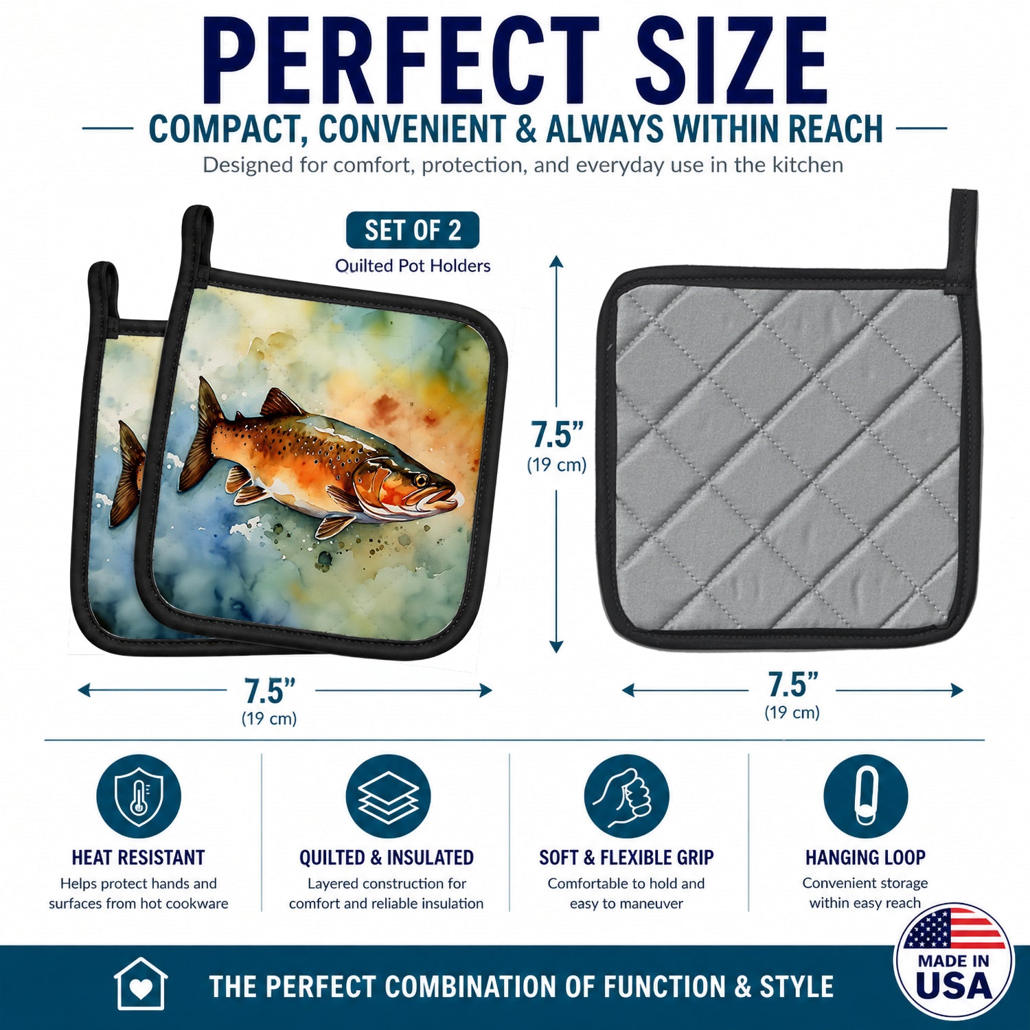 Brown Trout Pot Holder Set of 2 Heat Resistant Quilted Hot Pads 7.5 x 7.5 Inch, Insulated Kitchen Trivets for Cooking & Baking