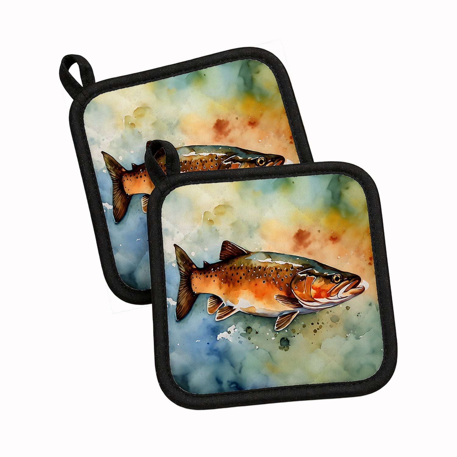Brown Trout Pot Holder Set of 2 Heat Resistant Quilted Hot Pads 7.5 x 7.5 Inch, Insulated Kitchen Trivets for Cooking & Baking