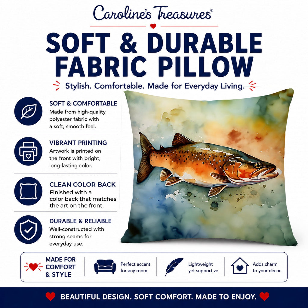 Brown Trout Decorative Throw Pillow 14x14 Indoor Outdoor Accent Cushion, Fabric Cover with Insert for Sofa, Bed, Porch & Living Room
