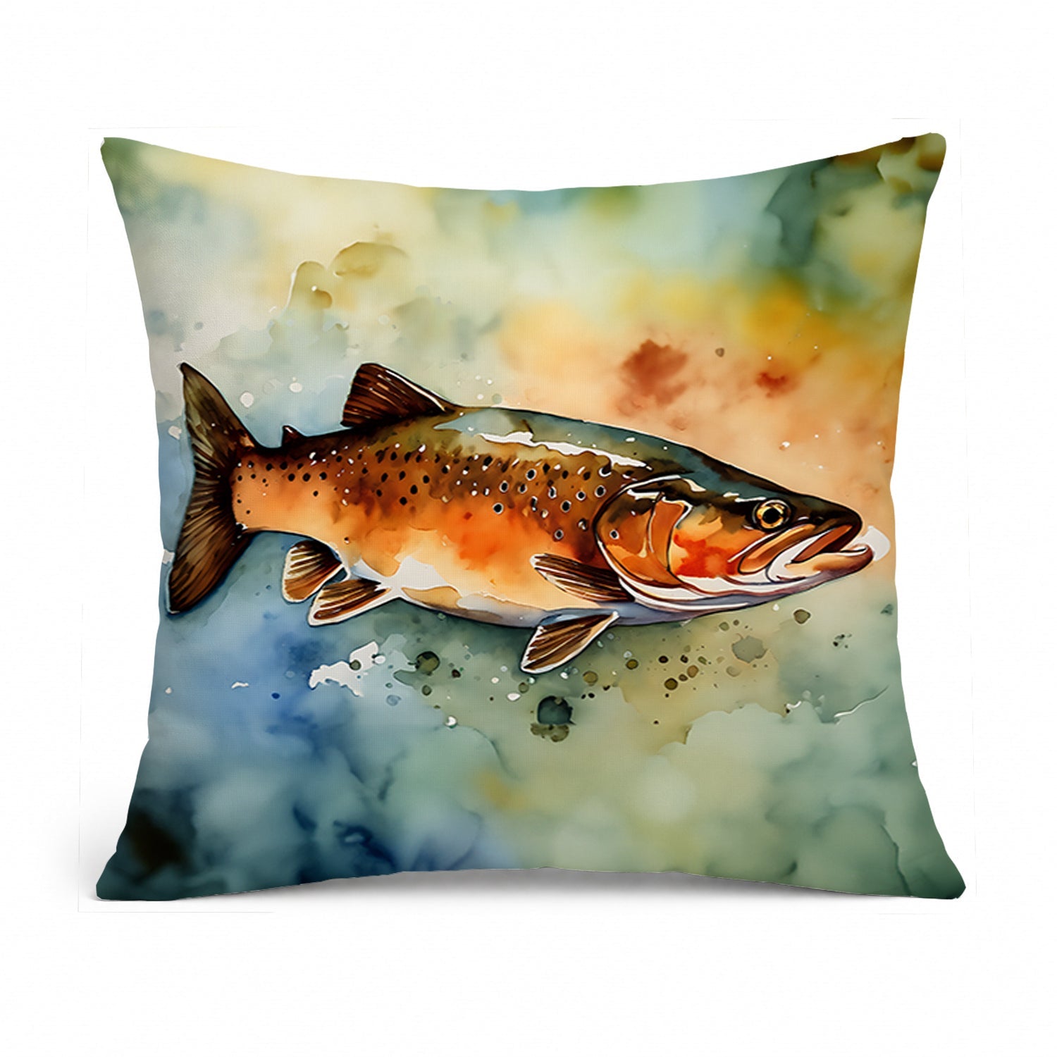 Brown Trout Decorative Throw Pillow 14x14 Indoor Outdoor Accent Cushion, Fabric Cover with Insert for Sofa, Bed, Porch & Living Room