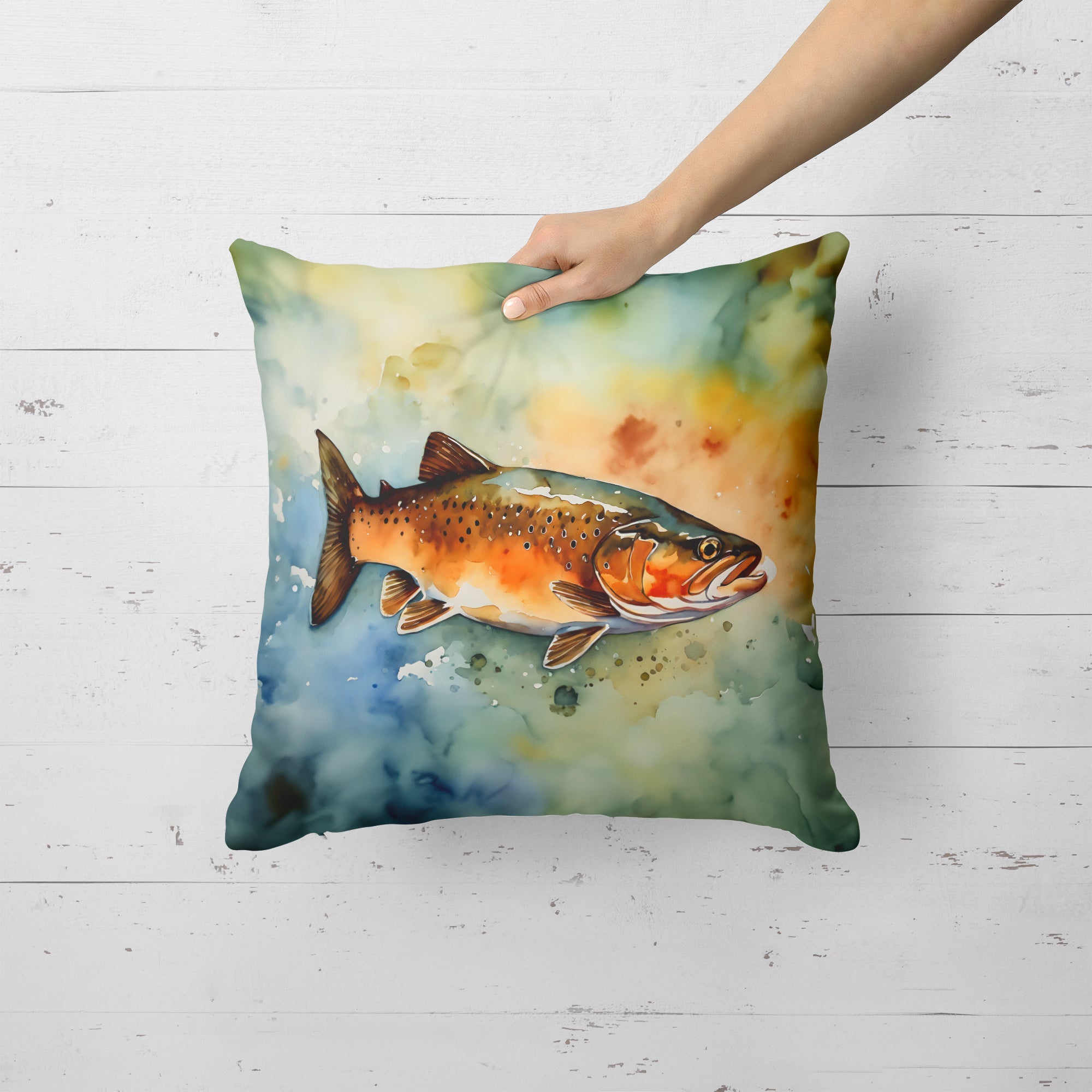 Brown Trout Decorative Throw Pillow 18x18 Indoor Outdoor Accent Cushion, Fabric Cover with Insert for Sofa, Bed, Porch & Living Room