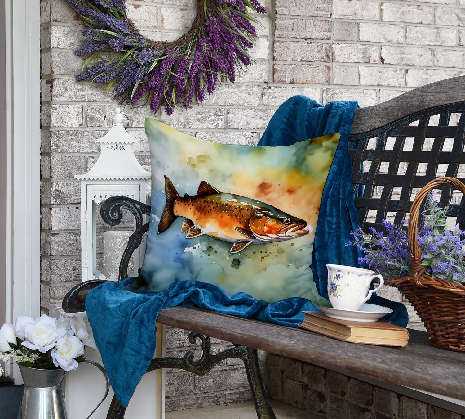 Brown Trout Decorative Throw Pillow 18x18 Indoor Outdoor Accent Cushion, Fabric Cover with Insert for Sofa, Bed, Porch & Living Room