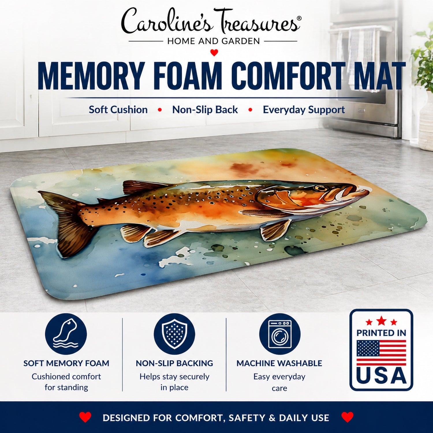 Brown Trout Memory Foam Kitchen Mat Machine Washable Anti-Fatigue Cushion Comfort Bath or Kitchen Rug