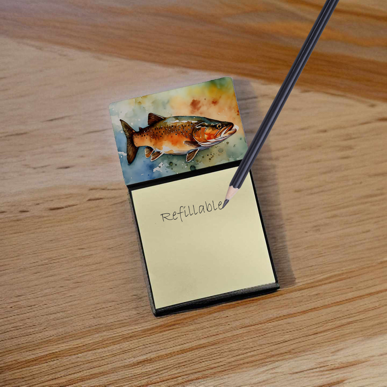 Brown Trout Watercolor Sticky Note Holder Refillable Dispenser Desk Accessory 3x3 Pad Gift