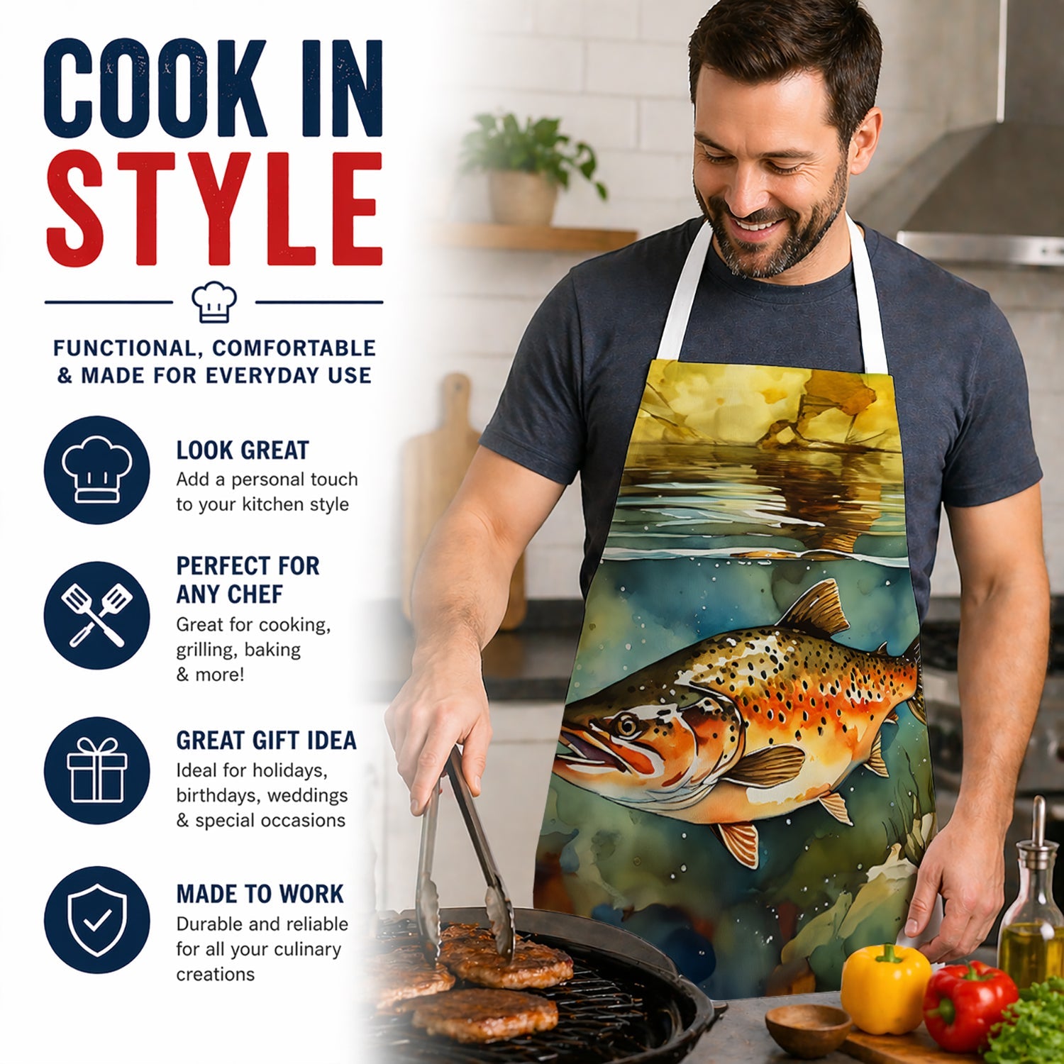 Brown Trout Apron Cooking Kitchen Server Baking Crafts Gardening for Adult Women Men, Unisex, Large, Multicolor