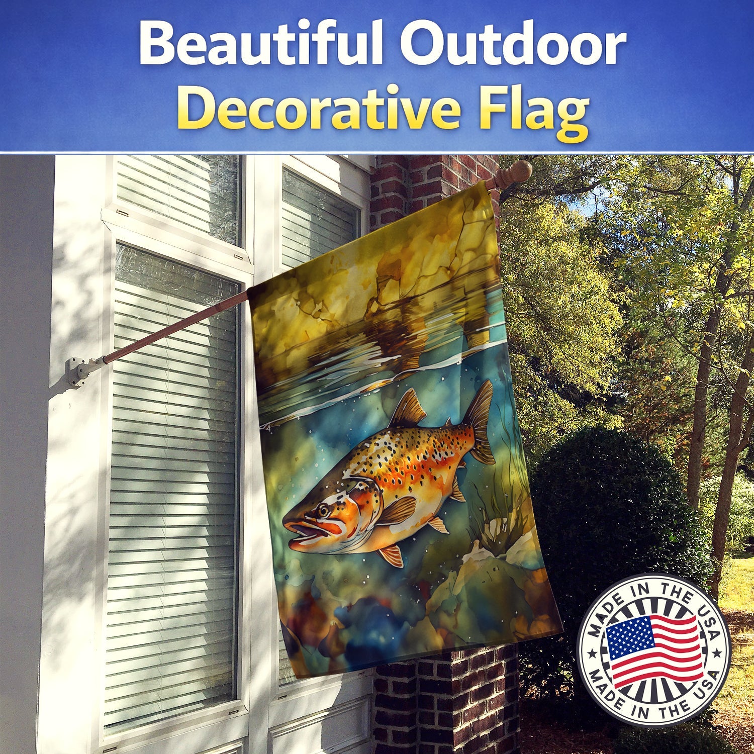 Brown Trout House Flag 28x40 Porch Sleeve Pole Decorative Outside Yard Banner Artwork Wall Hanging, Polyester