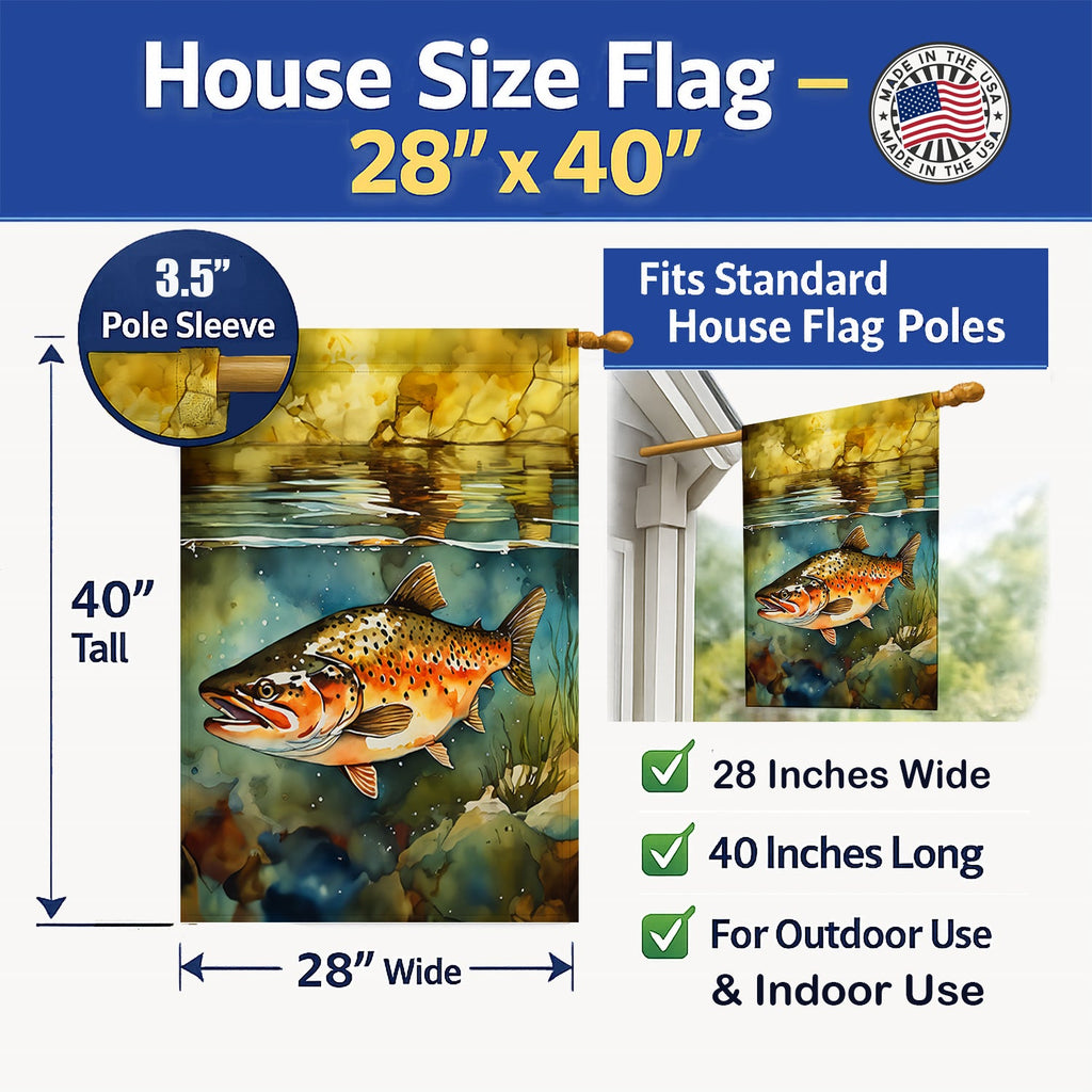 Brown Trout House Flag 28x40 Porch Sleeve Pole Decorative Outside Yard Banner Artwork Wall Hanging, Polyester