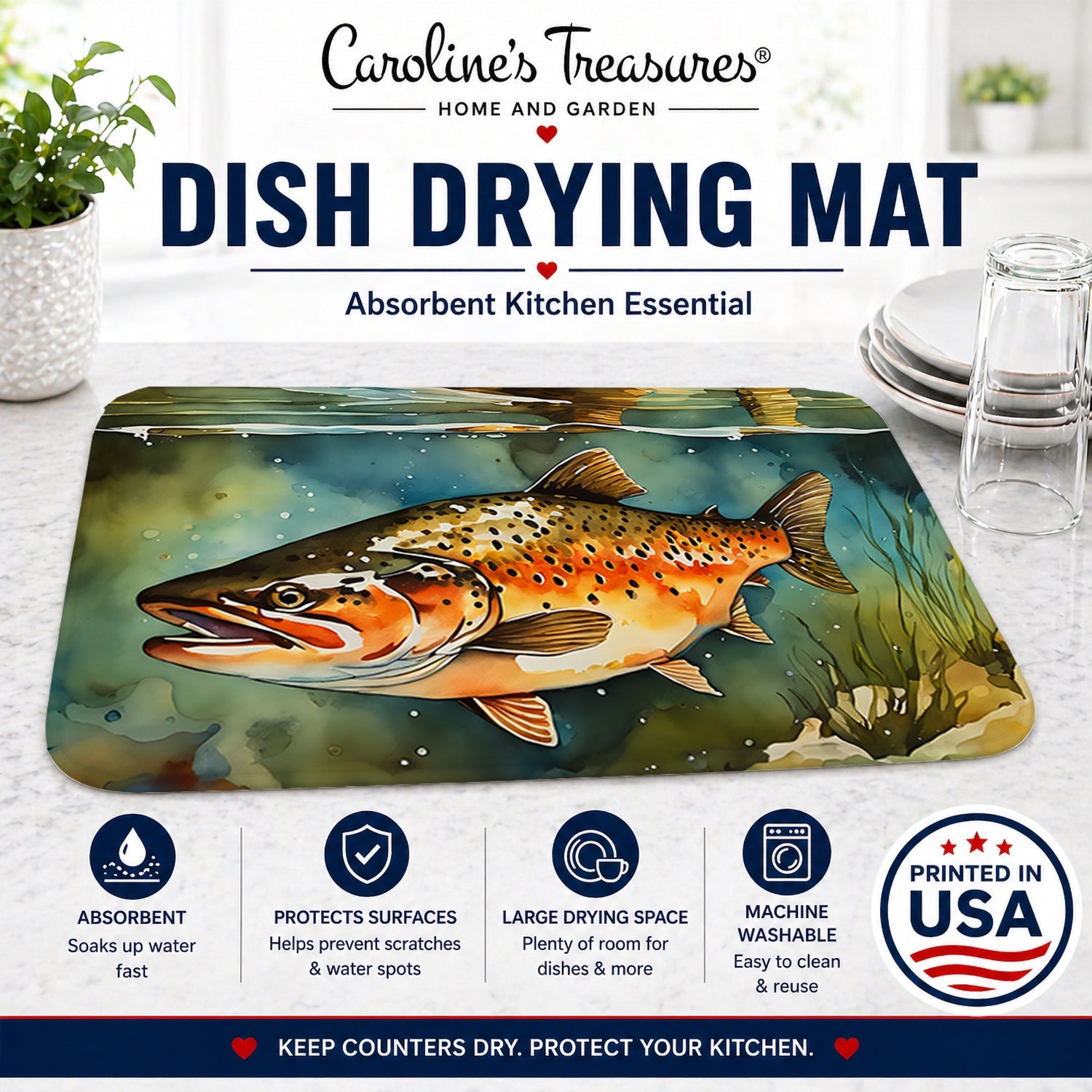 Brown Trout Dish Drying Mat Absorbent Dish Drying Mat Pad for Kitchen Counter Dish Drainer Mat for Countertop, 14 x 21", Multicolor