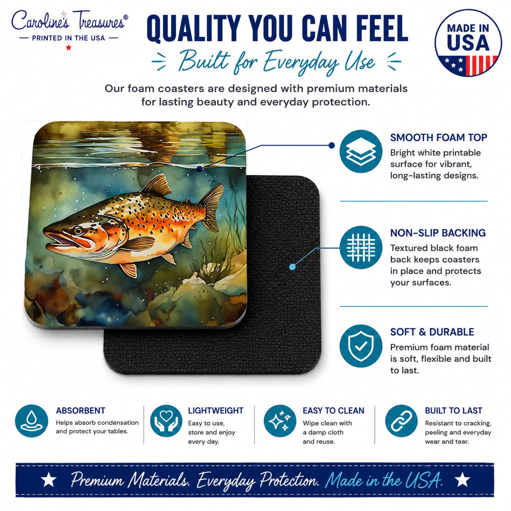 Brown Trout Foam Coasters Set of 4 Cup Coasters for Indoor Outdoor, Tabletop Protection, Anti Slip, Mouse pad Material