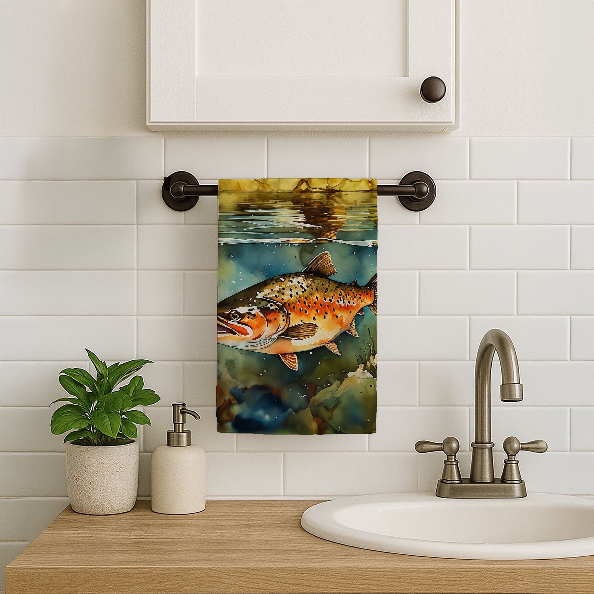 Brown Trout Kitchen Towel Velour Plush Front and Cotton Loop Back Machine Washable