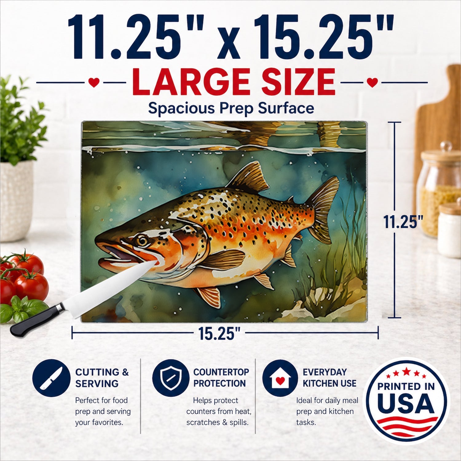 Brown Trout Cutting Board Tempered Glass Kitchen Cutting Surface, Heat Resistant Chopping, Non-Slip Feet, Food Prep & Serving