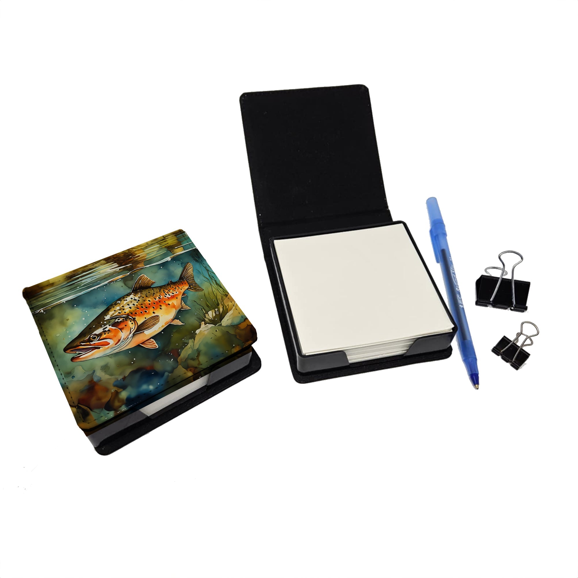 Brown Trout PU Leather Note Paper Holder with Artist-Designed Cover, Desk Accessory, Office Gift
