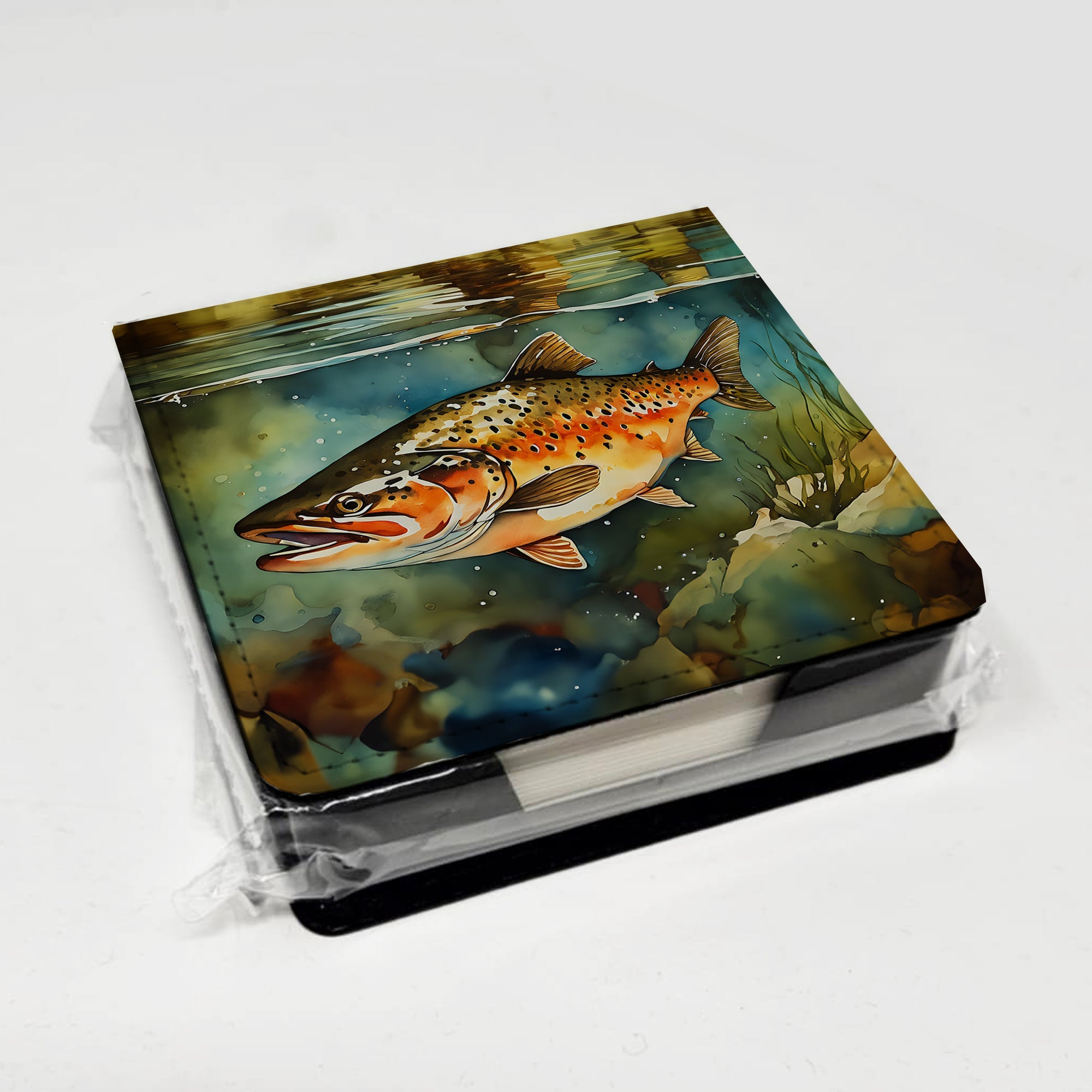 Brown Trout PU Leather Note Paper Holder with Artist-Designed Cover, Desk Accessory, Office Gift