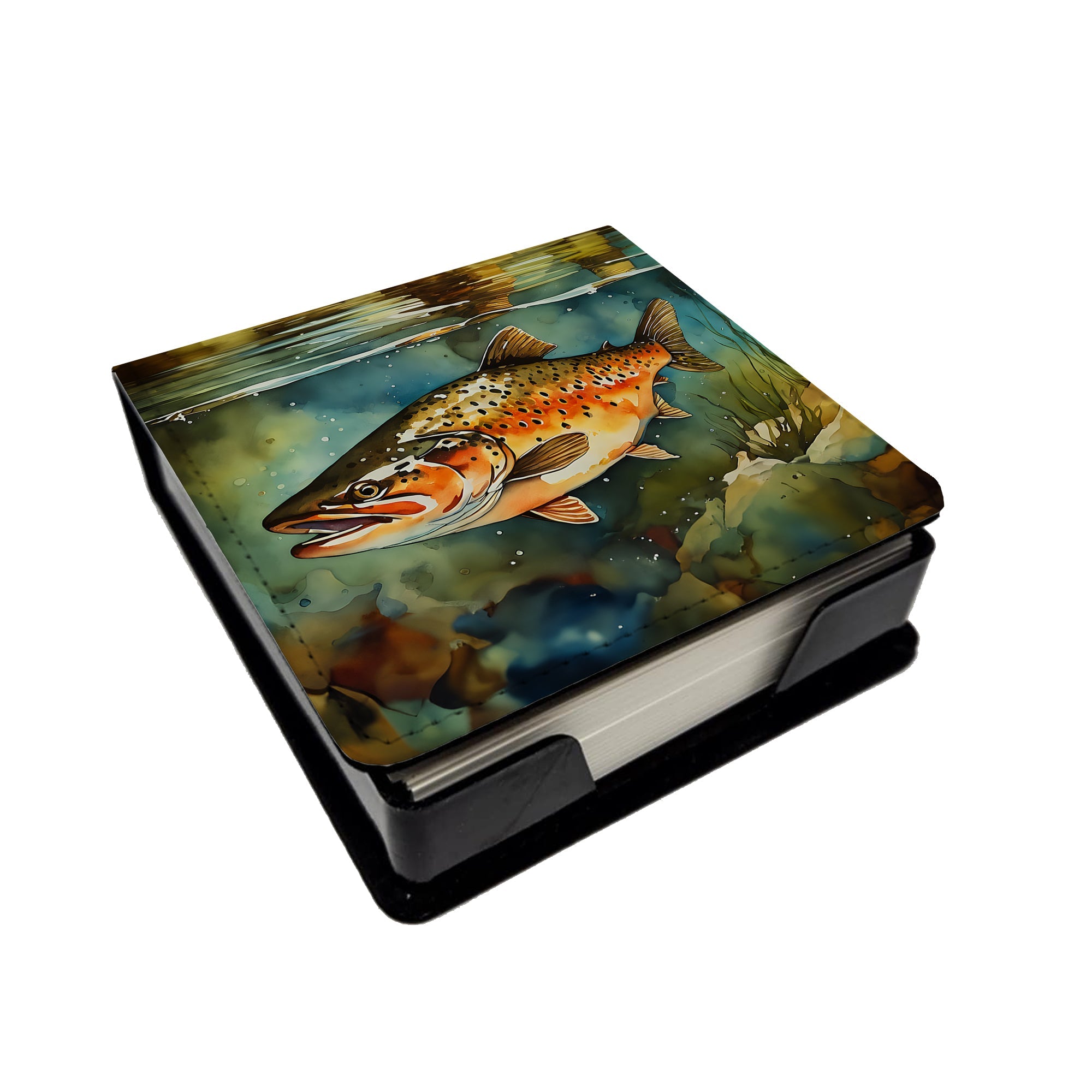 Brown Trout PU Leather Note Paper Holder with Artist-Designed Cover, Desk Accessory, Office Gift