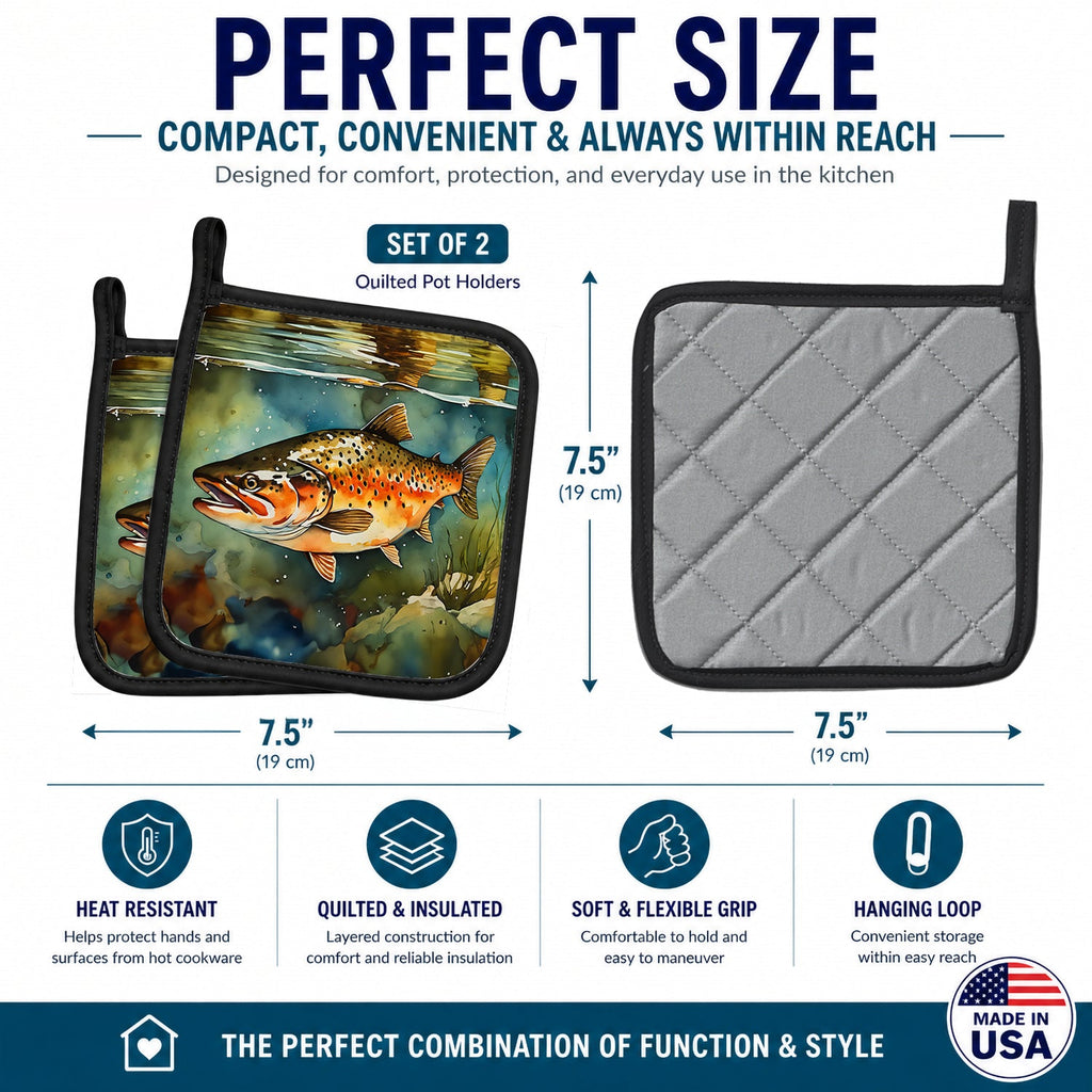 Brown Trout Pot Holder Set of 2 Heat Resistant Quilted Hot Pads 7.5 x 7.5 Inch, Insulated Kitchen Trivets for Cooking & Baking