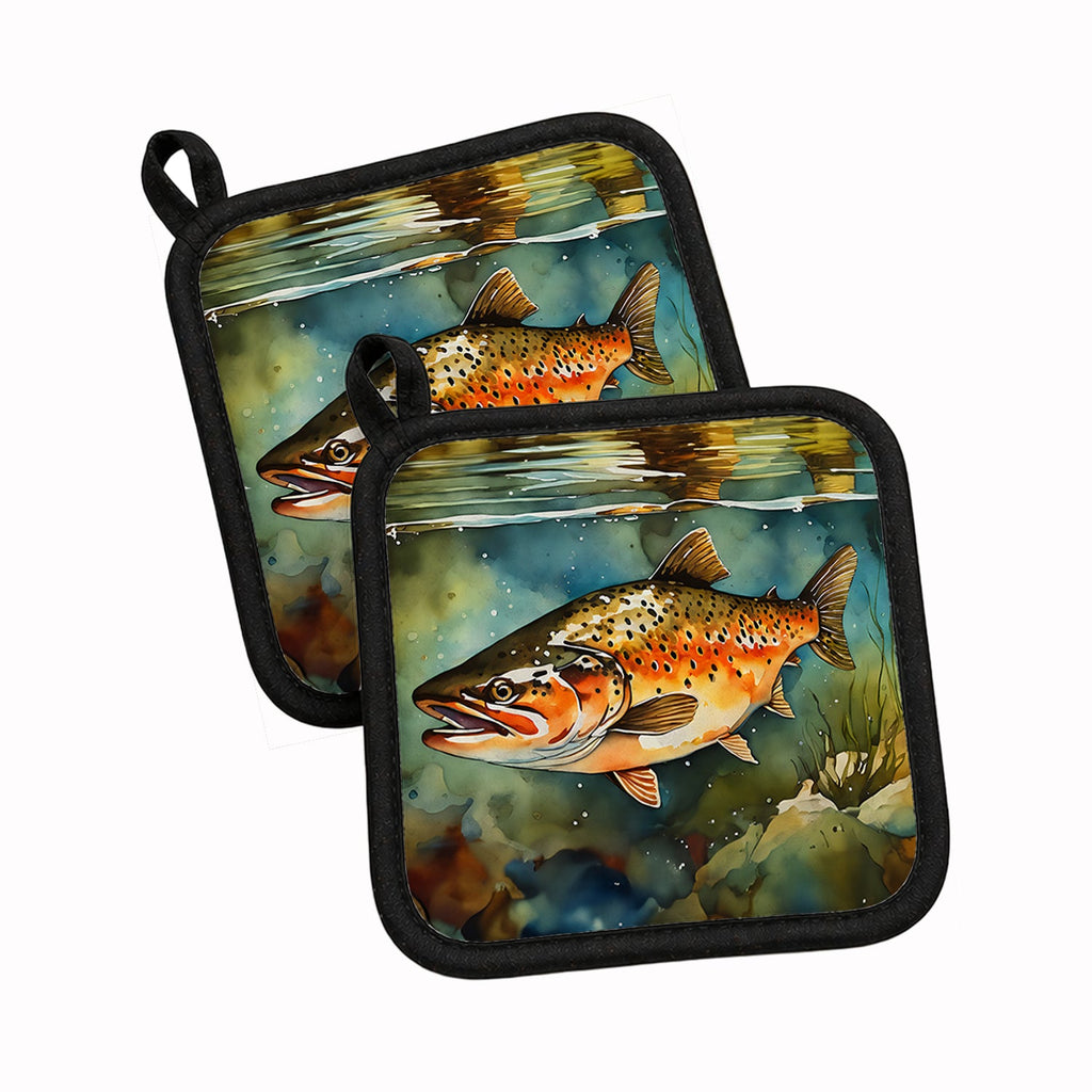 Brown Trout Pot Holder Set of 2 Heat Resistant Quilted Hot Pads 7.5 x 7.5 Inch, Insulated Kitchen Trivets for Cooking & Baking