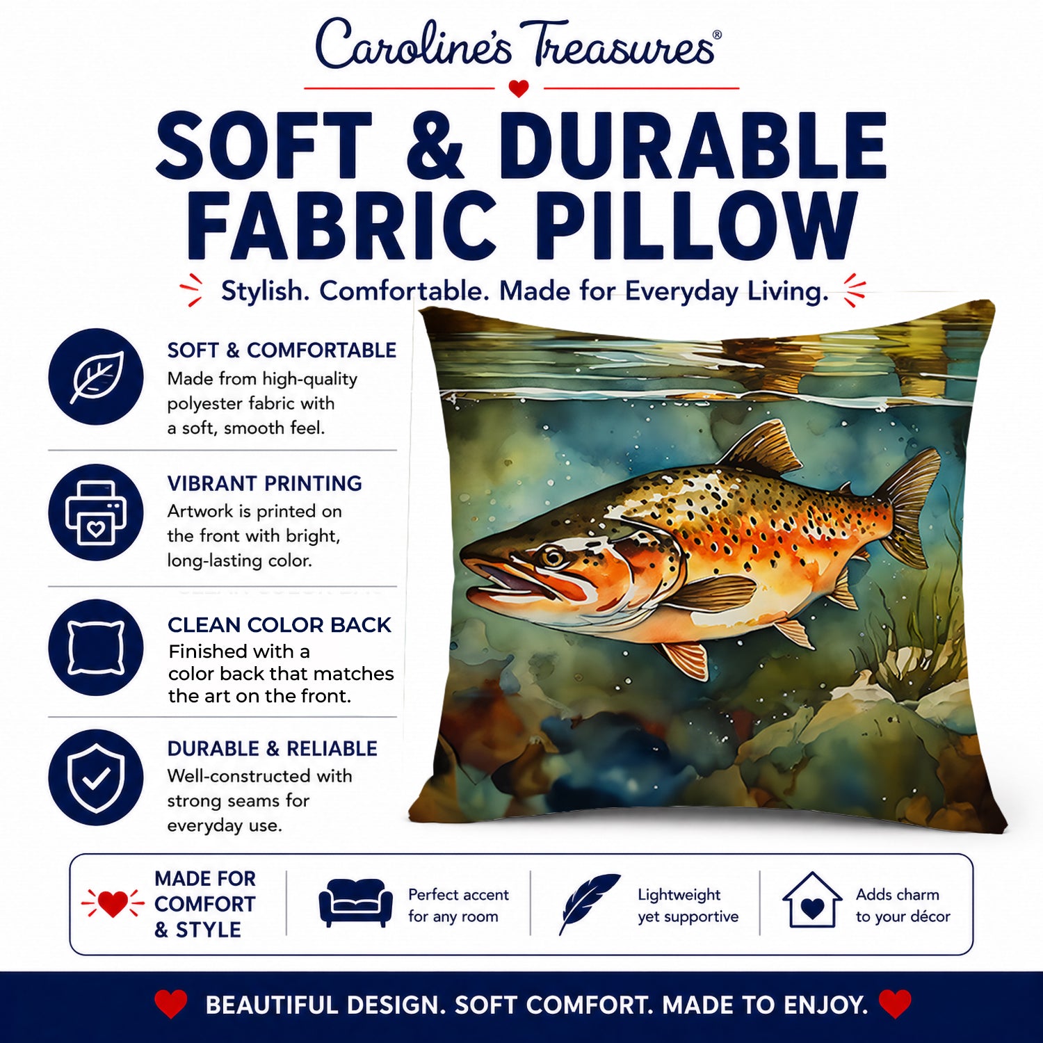 Brown Trout Decorative Throw Pillow 14x14 Indoor Outdoor Accent Cushion, Fabric Cover with Insert for Sofa, Bed, Porch & Living Room