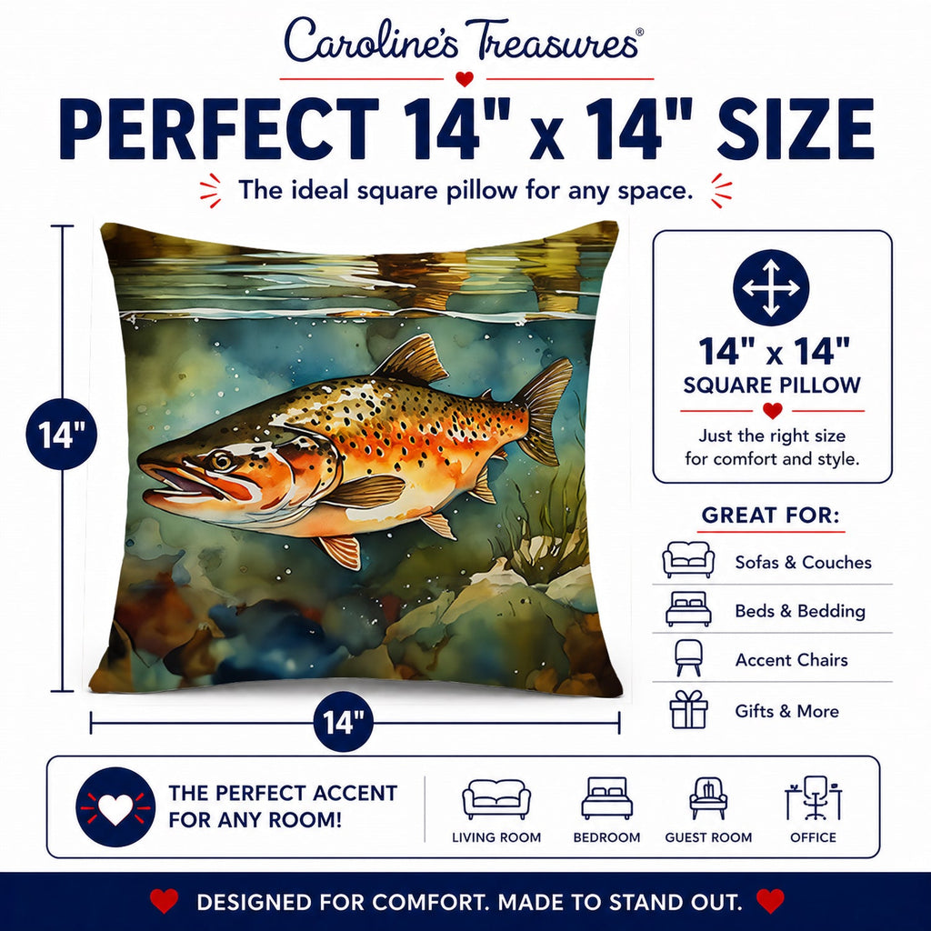 Brown Trout Decorative Throw Pillow 14x14 Indoor Outdoor Accent Cushion, Fabric Cover with Insert for Sofa, Bed, Porch & Living Room