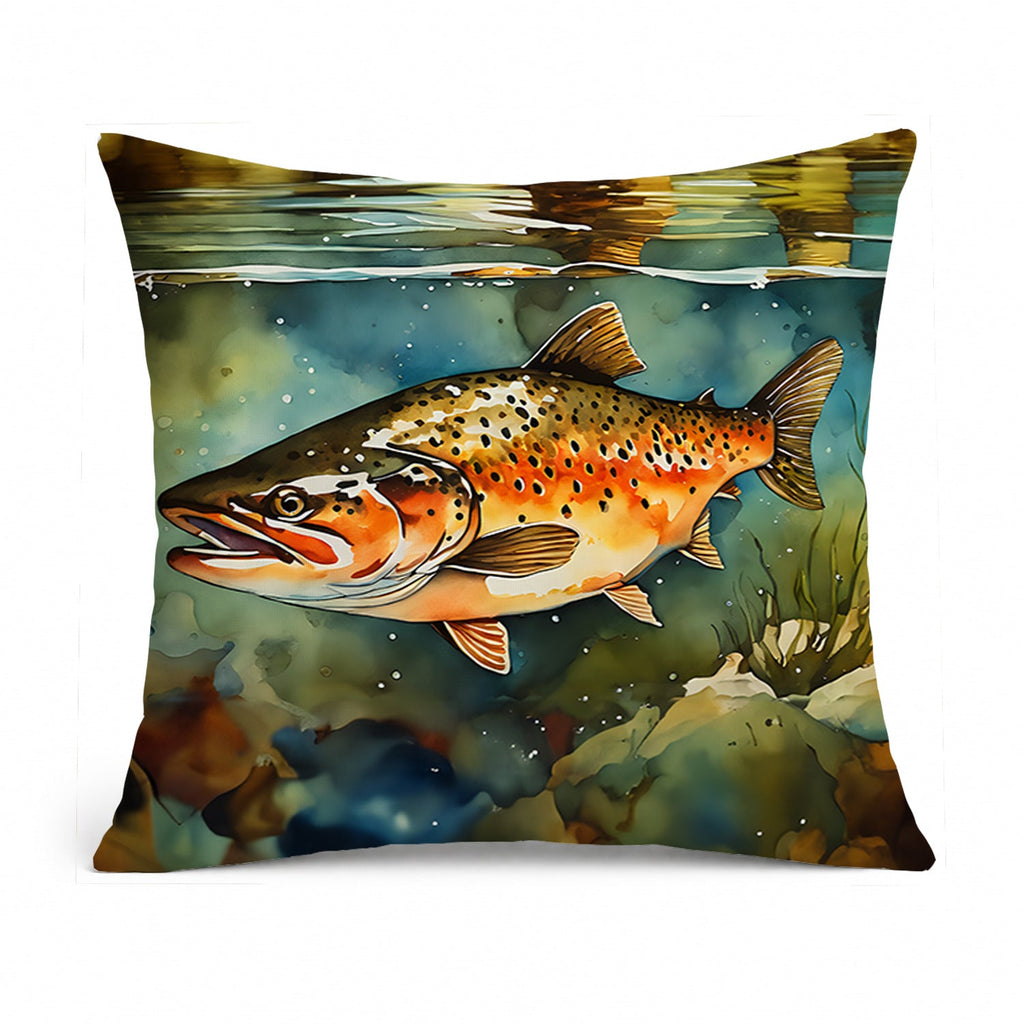 Brown Trout Decorative Throw Pillow 14x14 Indoor Outdoor Accent Cushion, Fabric Cover with Insert for Sofa, Bed, Porch & Living Room