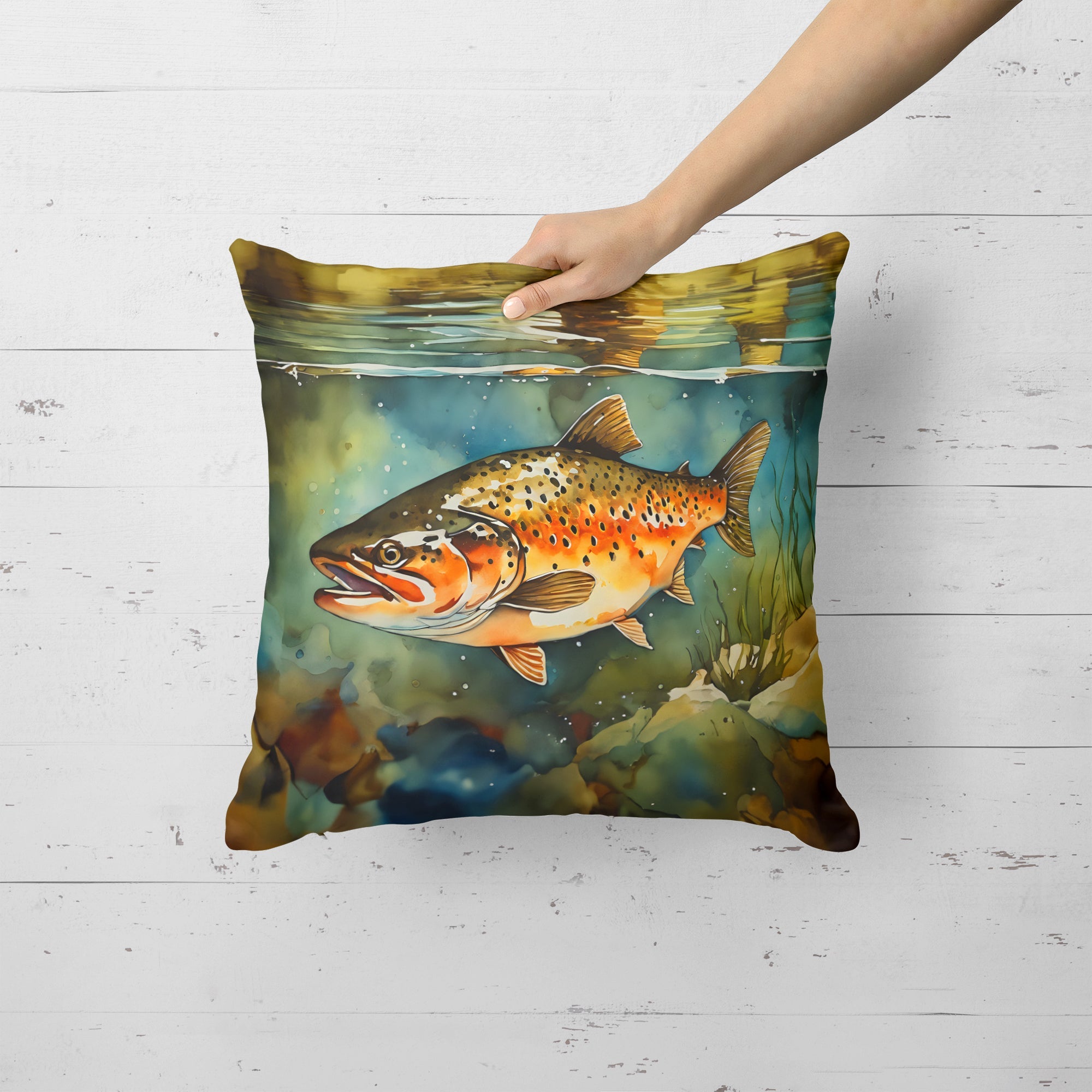 Brown Trout Decorative Throw Pillow 18x18 Indoor Outdoor Accent Cushion, Fabric Cover with Insert for Sofa, Bed, Porch & Living Room