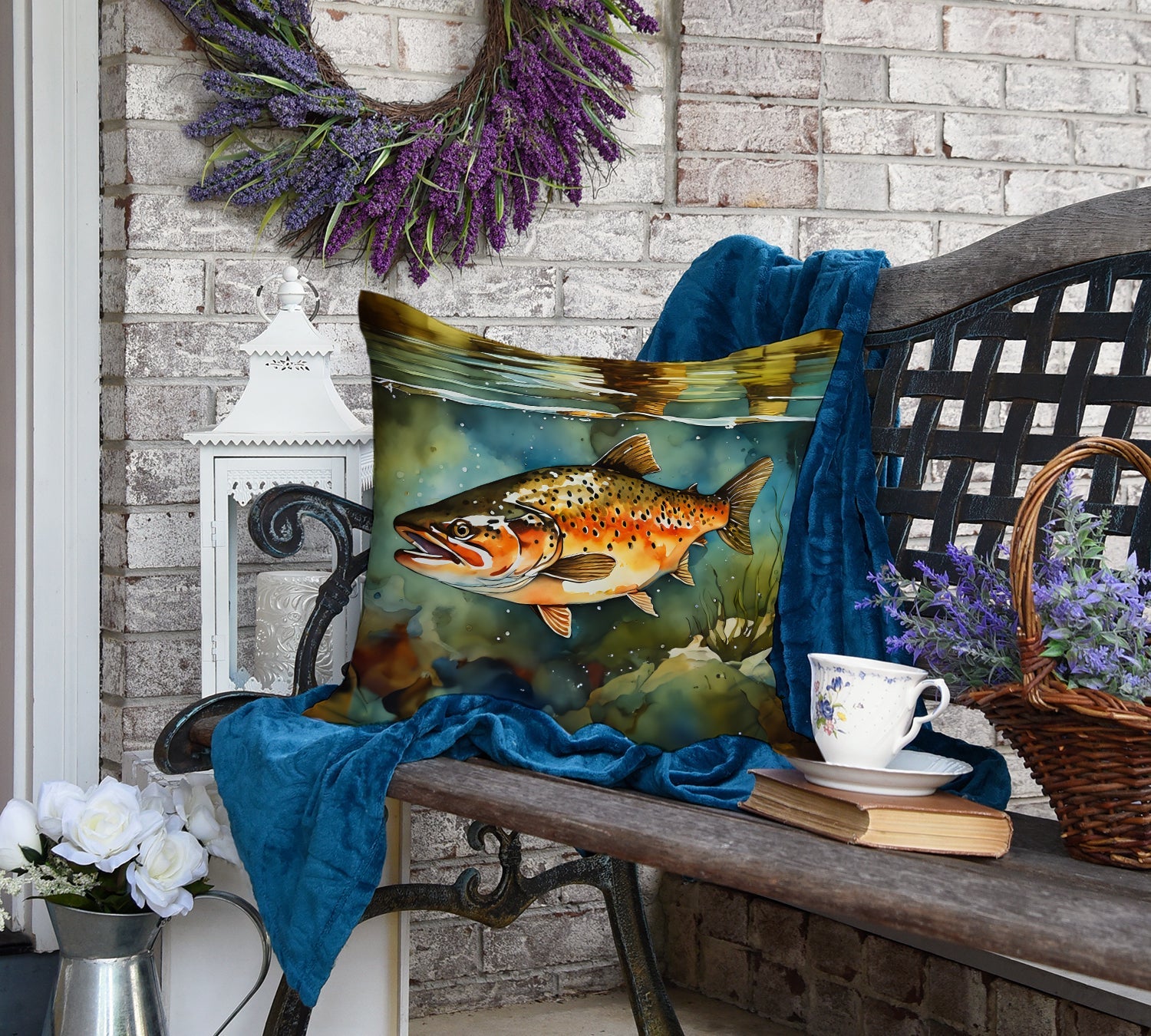 Brown Trout Decorative Throw Pillow 18x18 Indoor Outdoor Accent Cushion, Fabric Cover with Insert for Sofa, Bed, Porch & Living Room