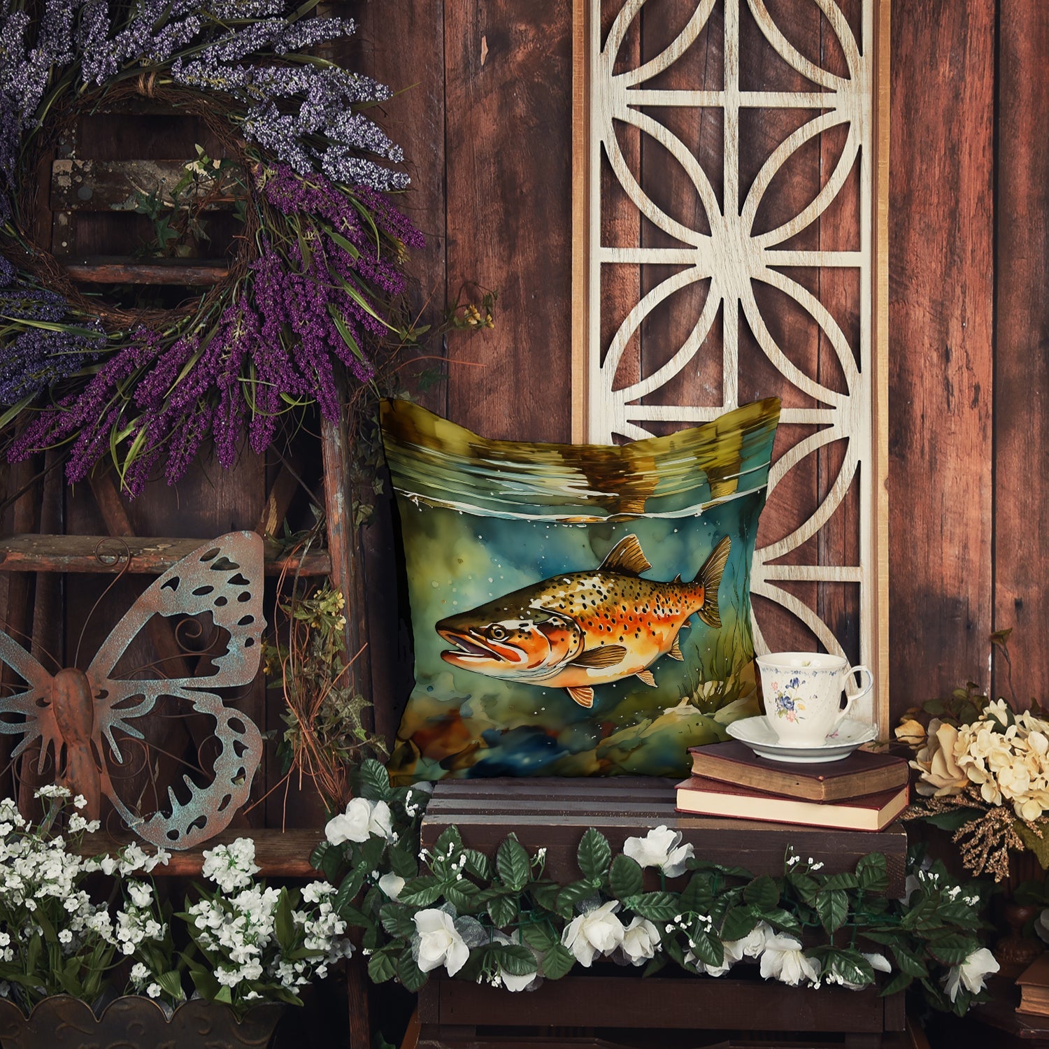 Brown Trout Decorative Throw Pillow 18x18 Indoor Outdoor Accent Cushion, Fabric Cover with Insert for Sofa, Bed, Porch & Living Room