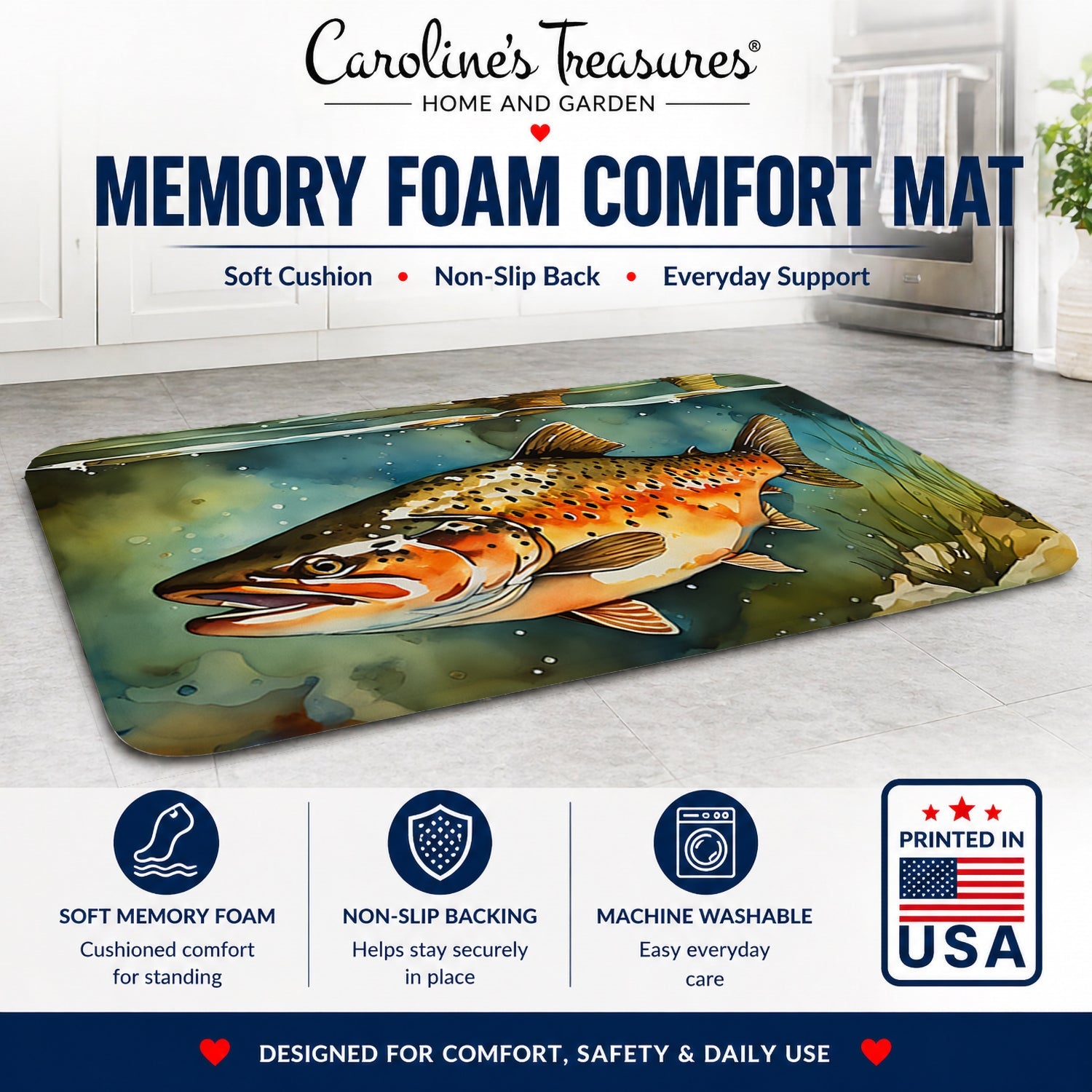 Brown Trout Memory Foam Kitchen Mat Machine Washable Anti-Fatigue Cushion Comfort Bath or Kitchen Rug