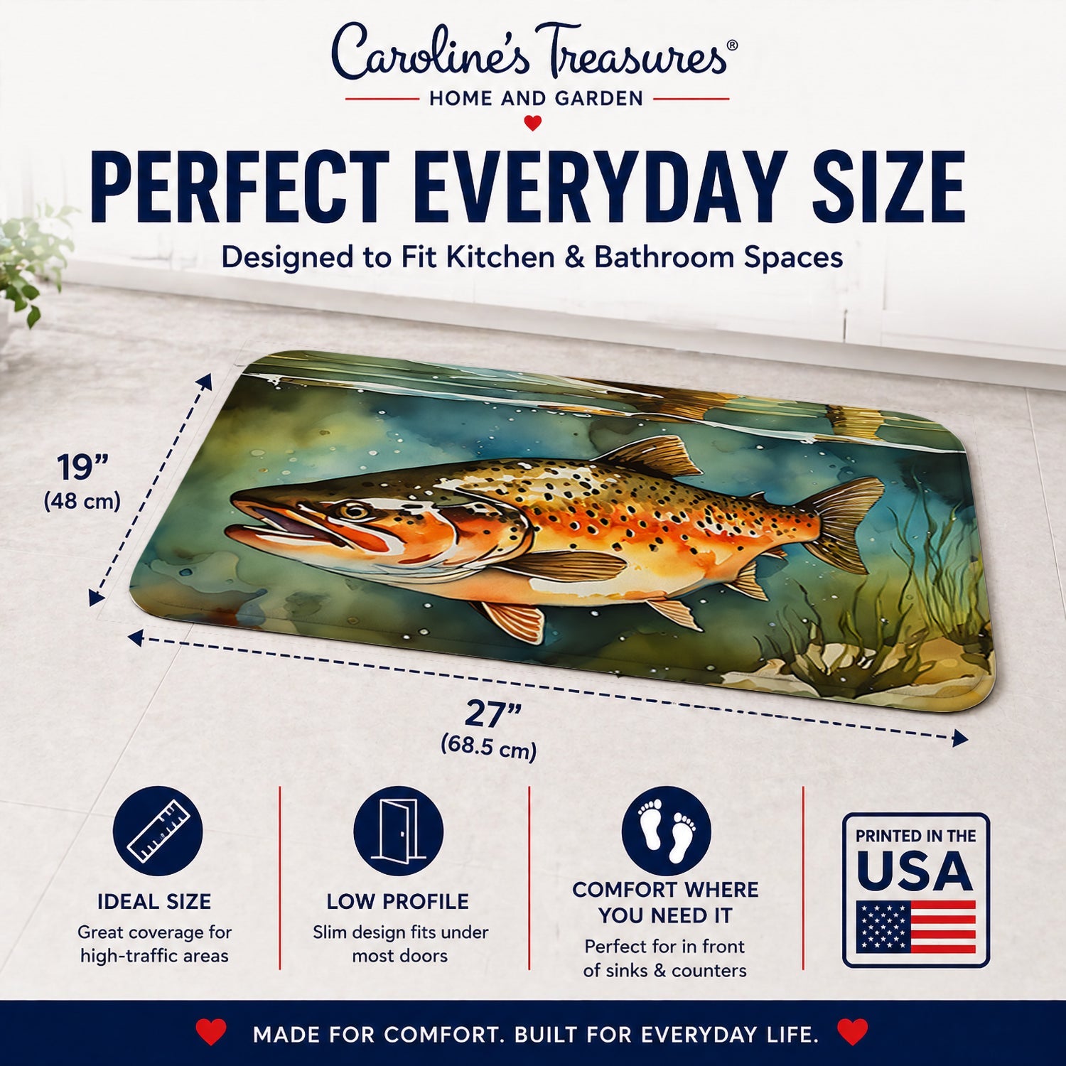 Brown Trout Memory Foam Kitchen Mat Machine Washable Anti-Fatigue Cushion Comfort Bath or Kitchen Rug