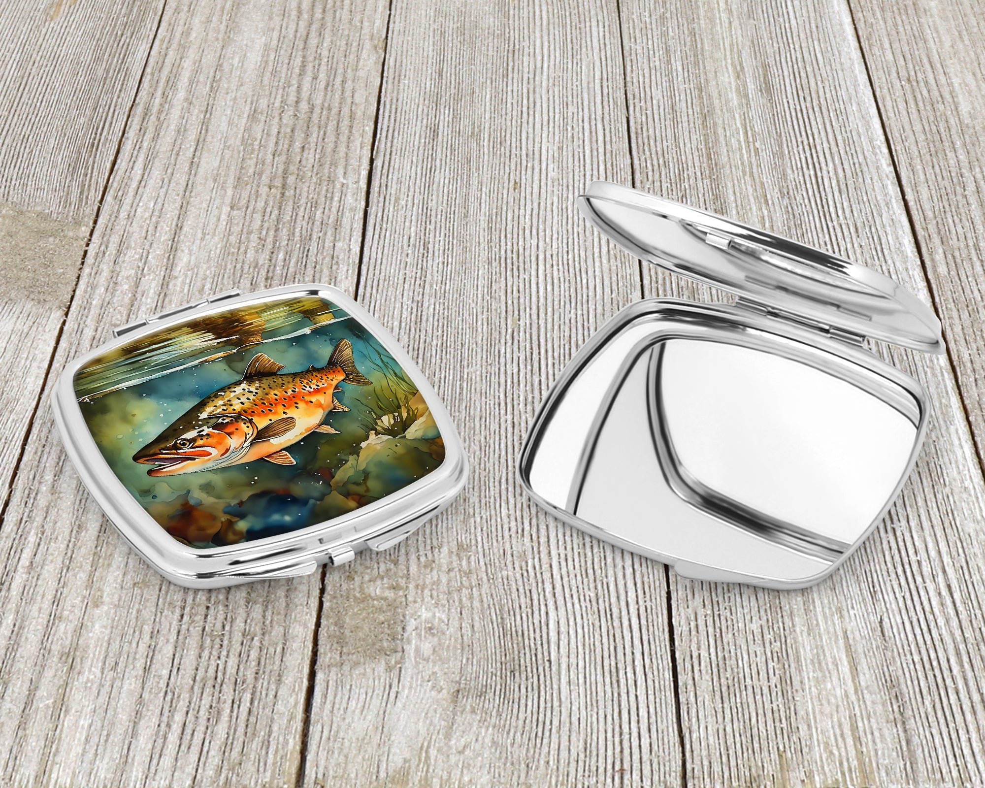 Brown Trout Compact Mirror Decorative Travel Makeup Mirror for Women Girls Gifts Pocket Makeup Mirror Folding Handheld