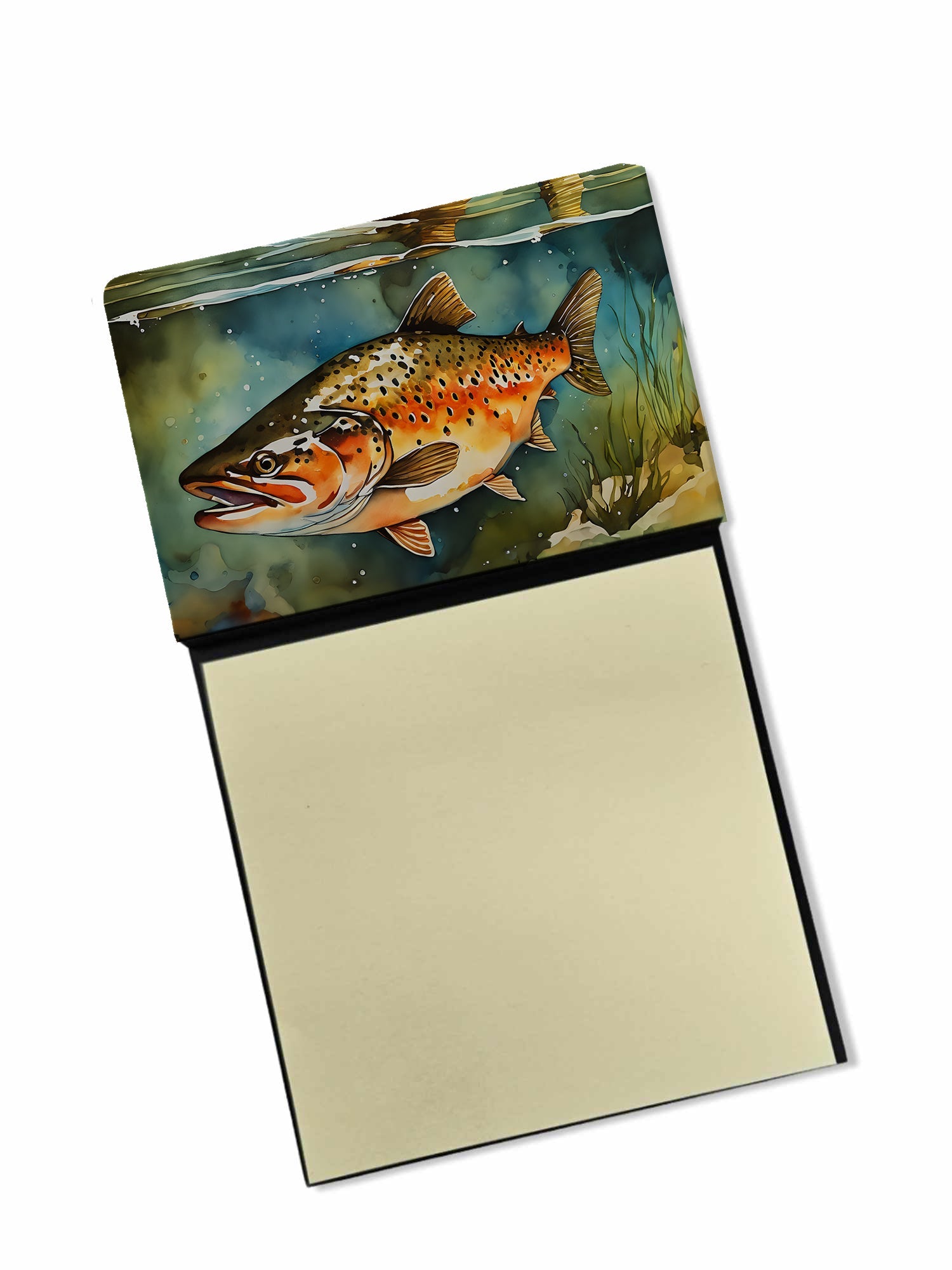 Brown Trout Watercolor Sticky Note Holder Refillable Dispenser Desk Accessory 3x3 Pad Gift